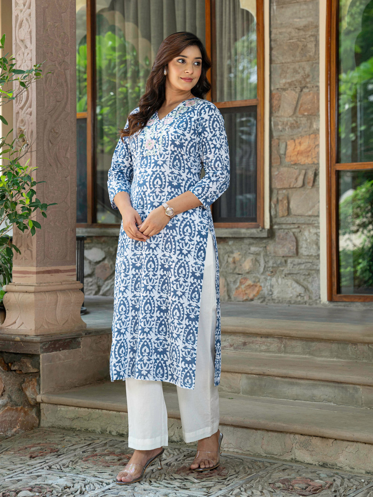 Embroidered Soft Cotton Batik Straight Blue Kurta