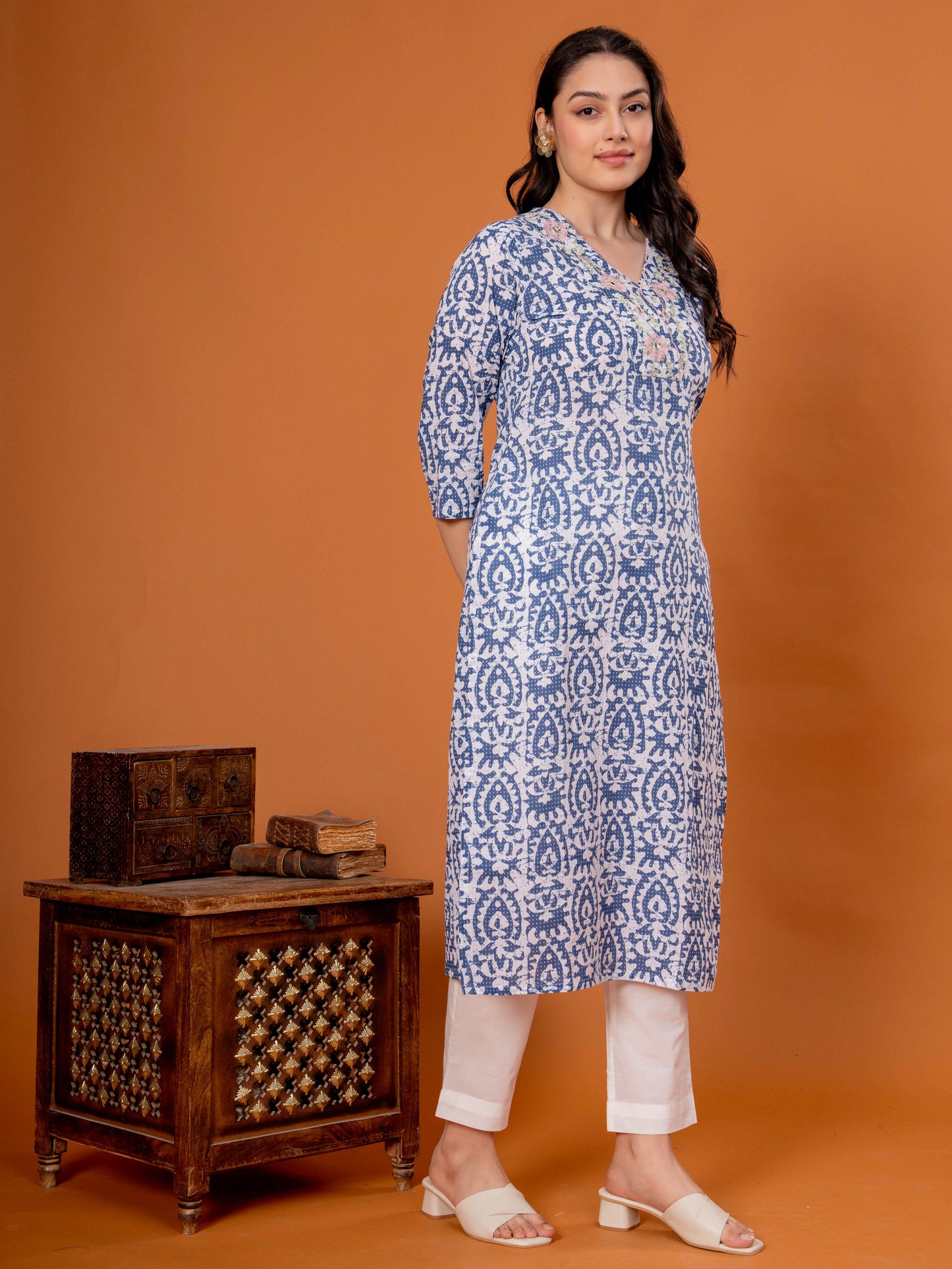 Embroidered Soft Cotton Batik Straight Blue Kurta