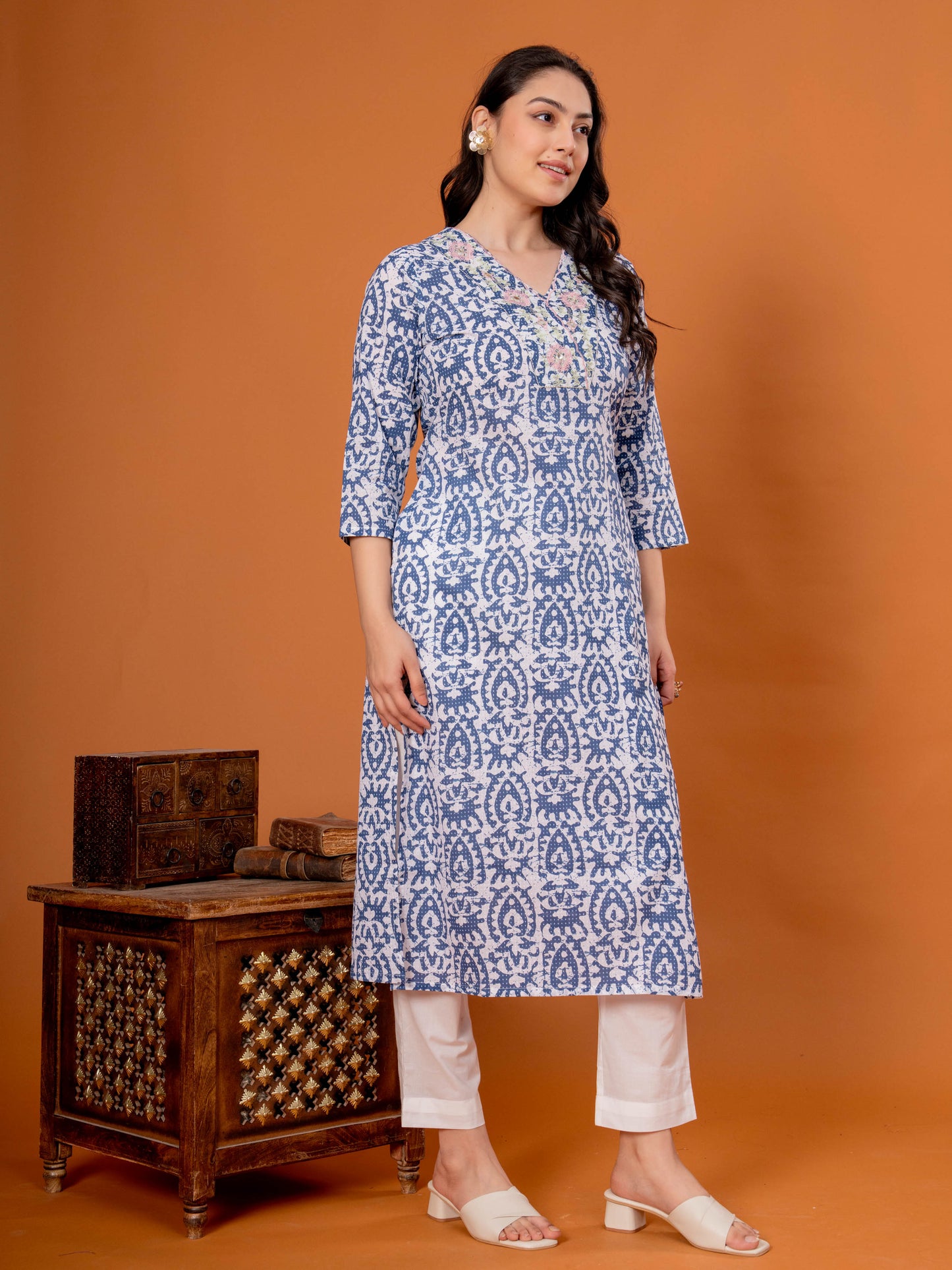 Embroidered Soft Cotton Batik Straight Blue Kurta