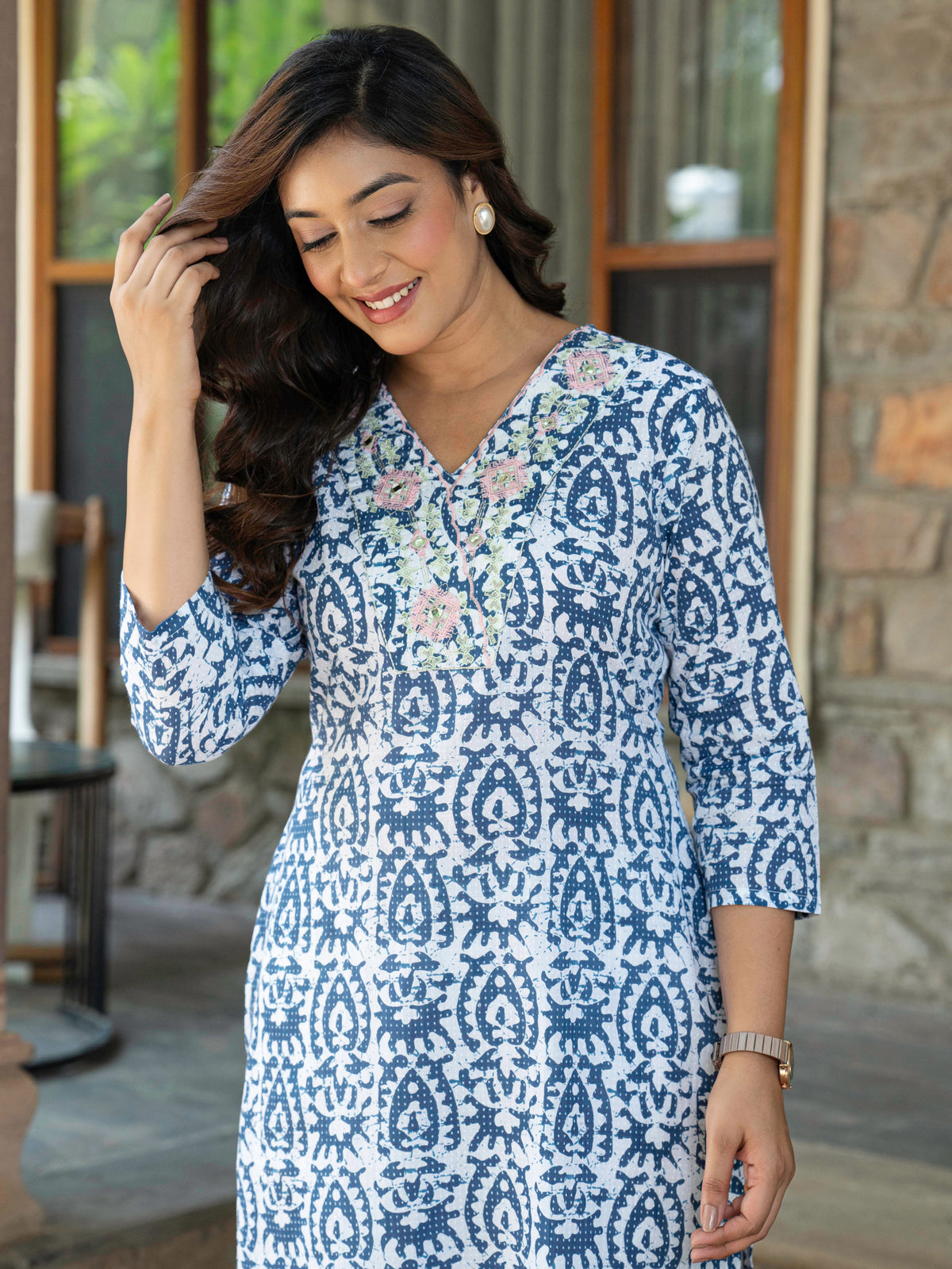 Embroidered Soft Cotton Batik Straight Blue Kurta