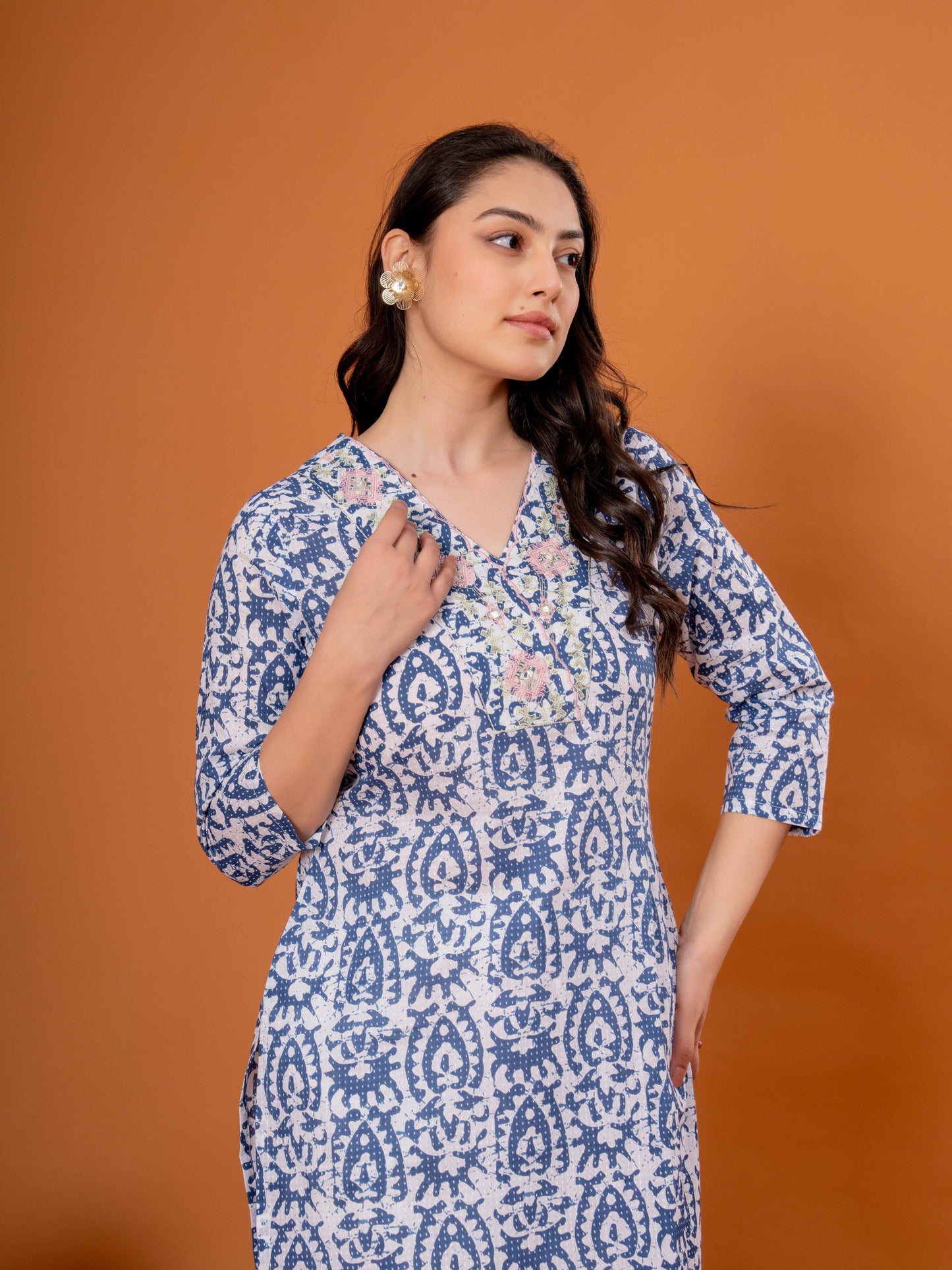 Embroidered Soft Cotton Batik Straight Blue Kurta