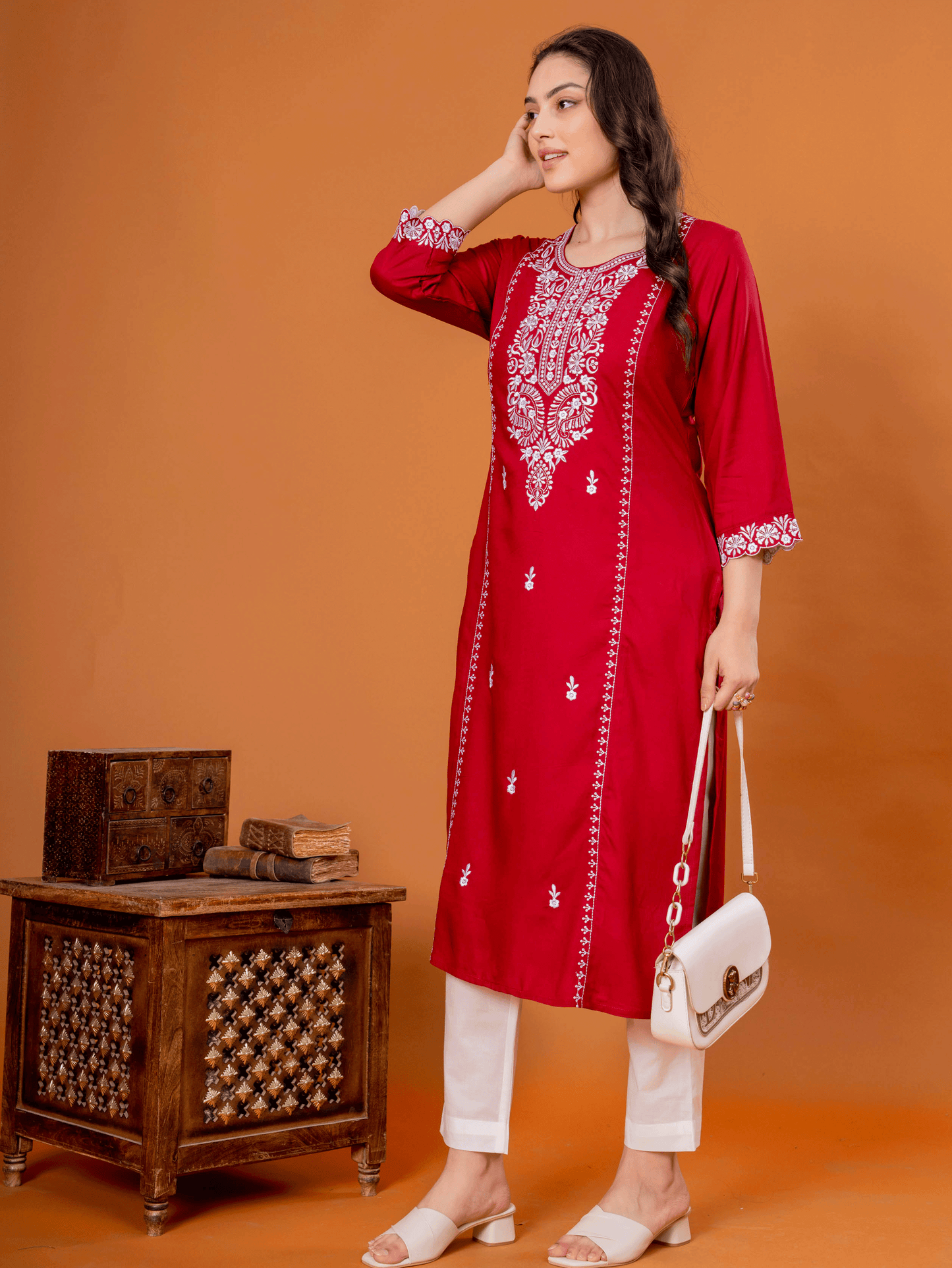 Embroidered Viscose Solid Straight Maroon Kurta