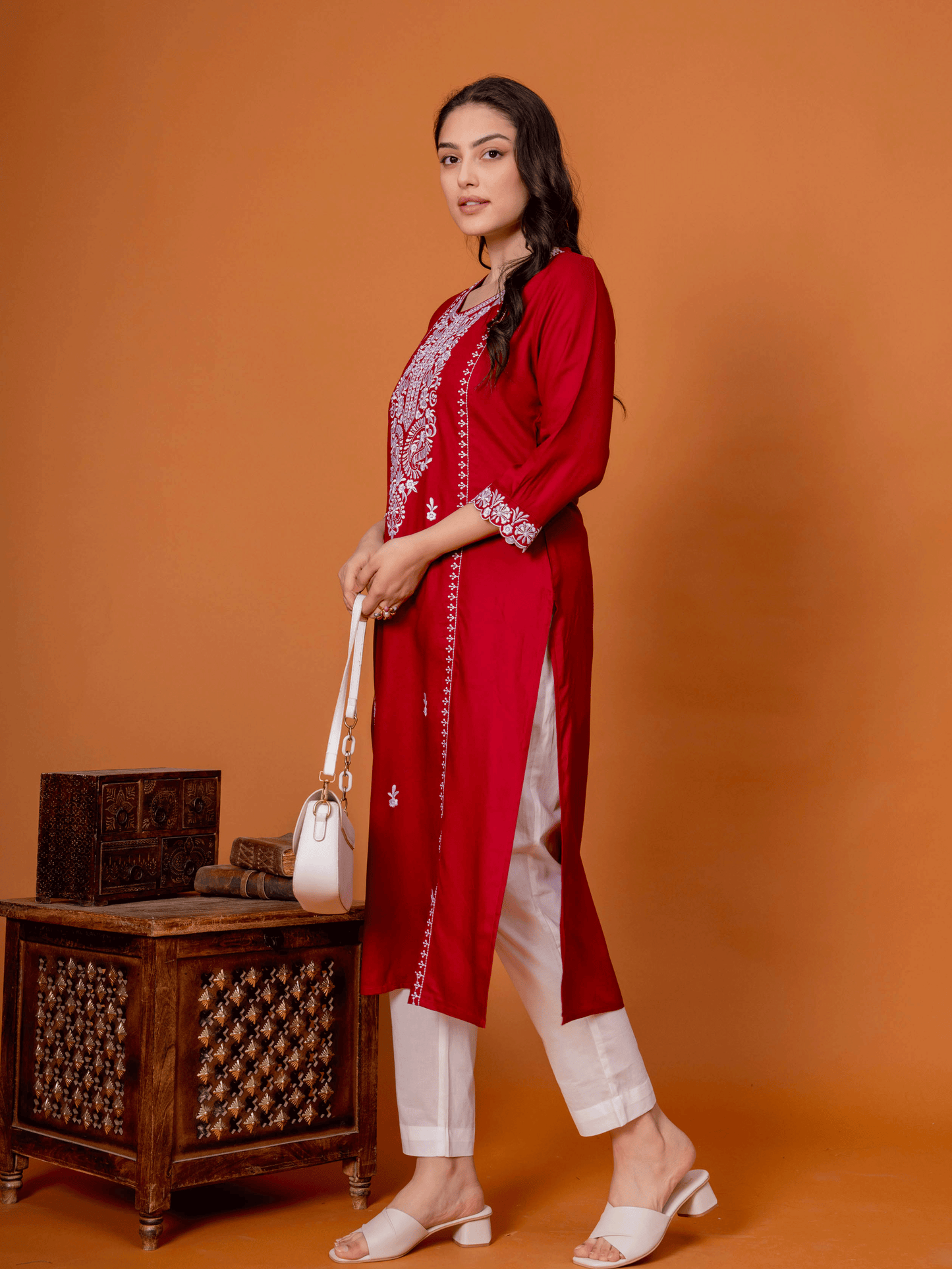 Embroidered Viscose Solid Straight Maroon Kurta