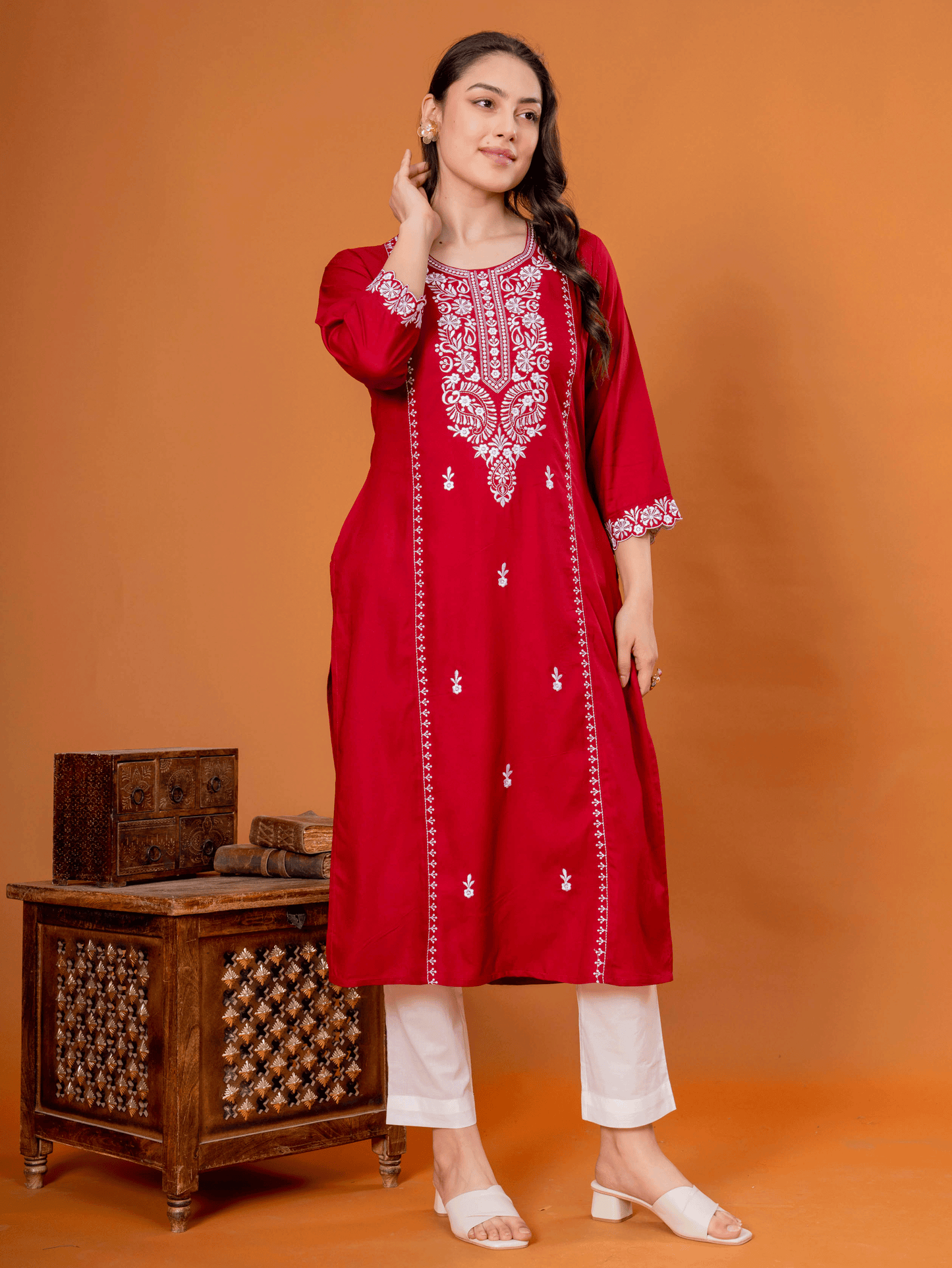 Embroidered Viscose Solid Straight Maroon Kurta