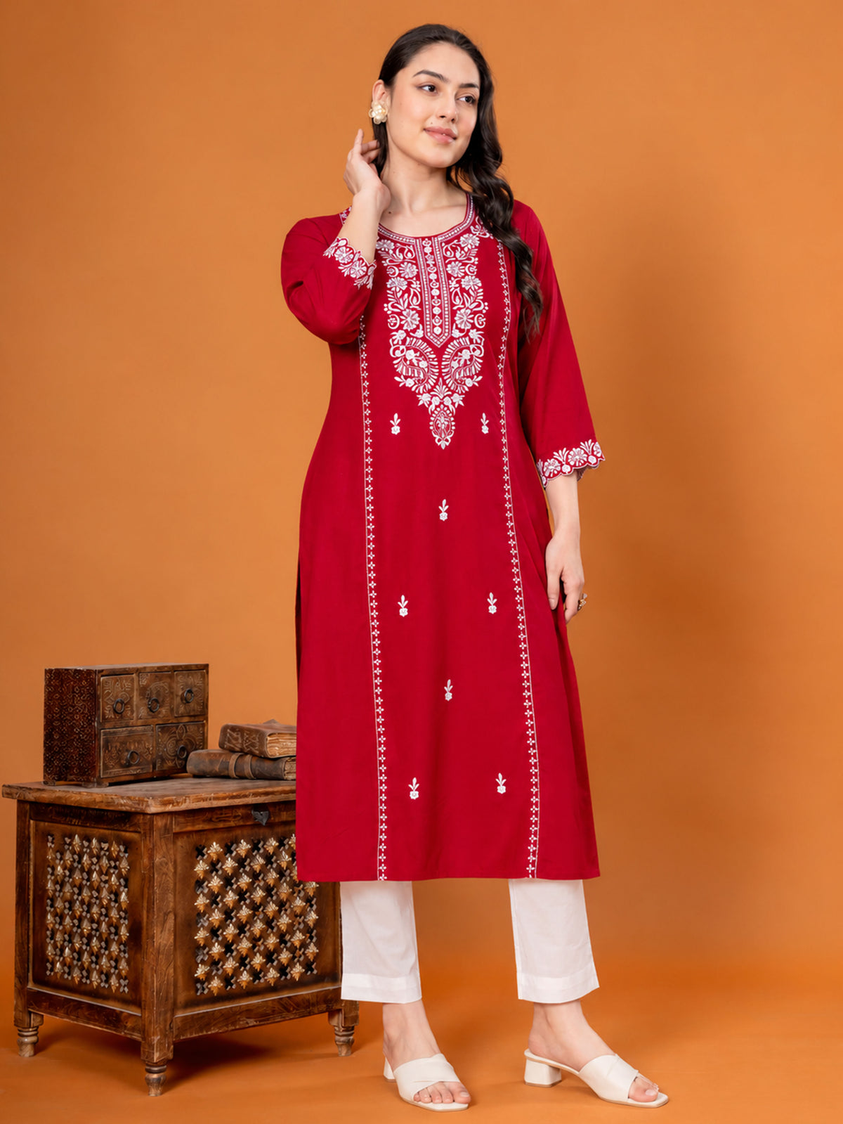 Embroidered Viscose Solid Straight Maroon Kurta