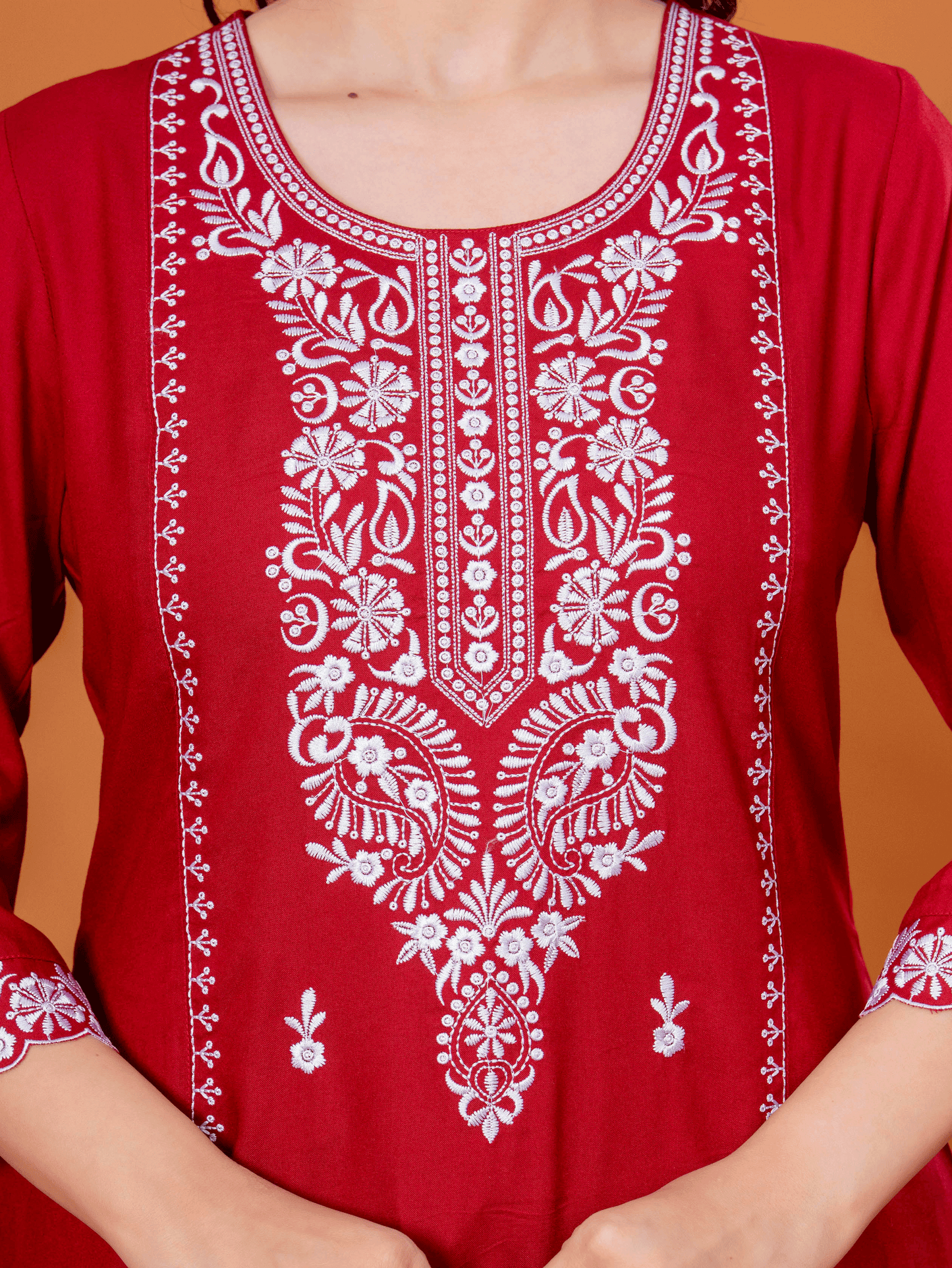 Embroidered Viscose Solid Straight Maroon Kurta
