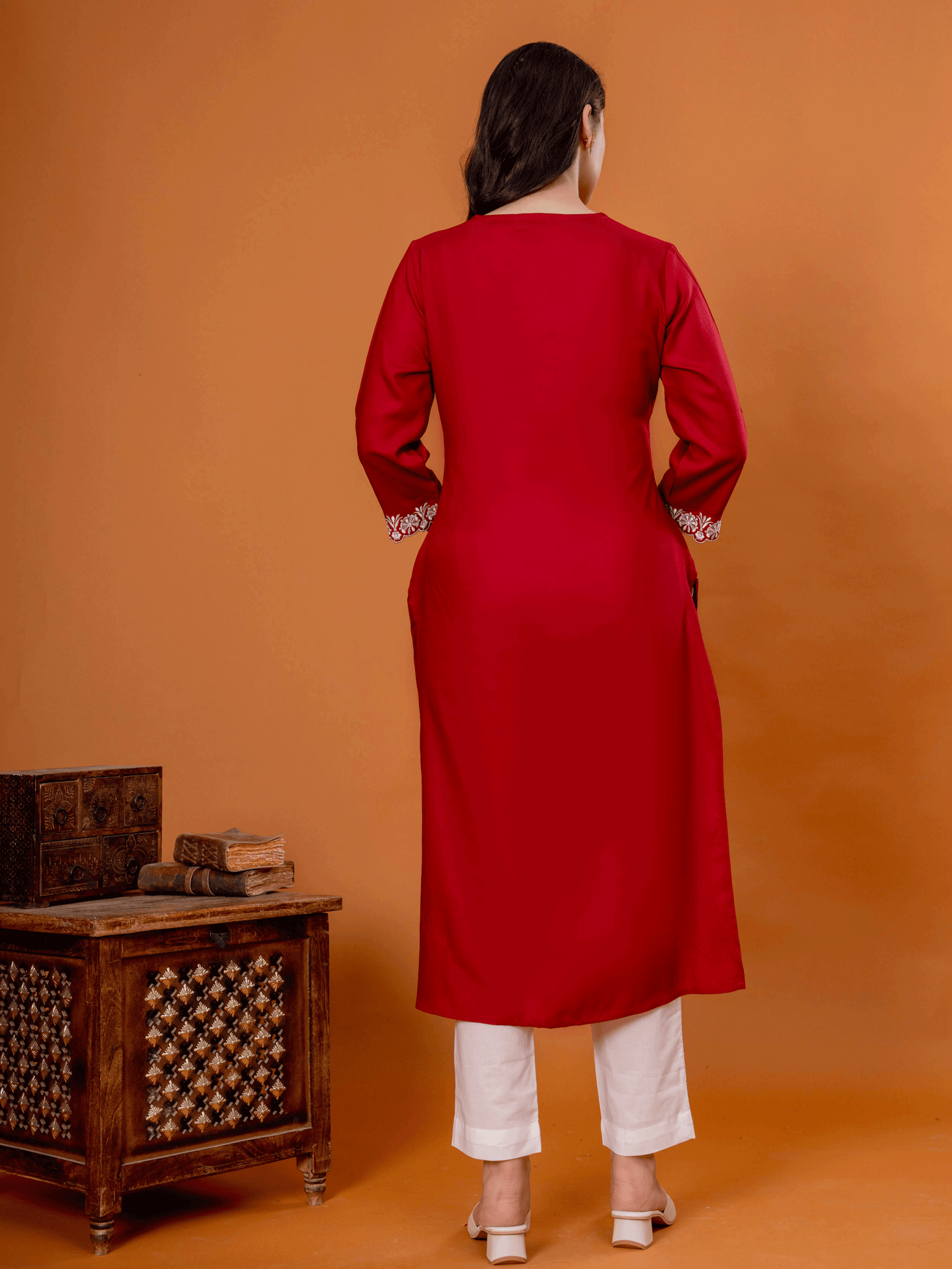 Embroidered Viscose Solid Straight Maroon Kurta