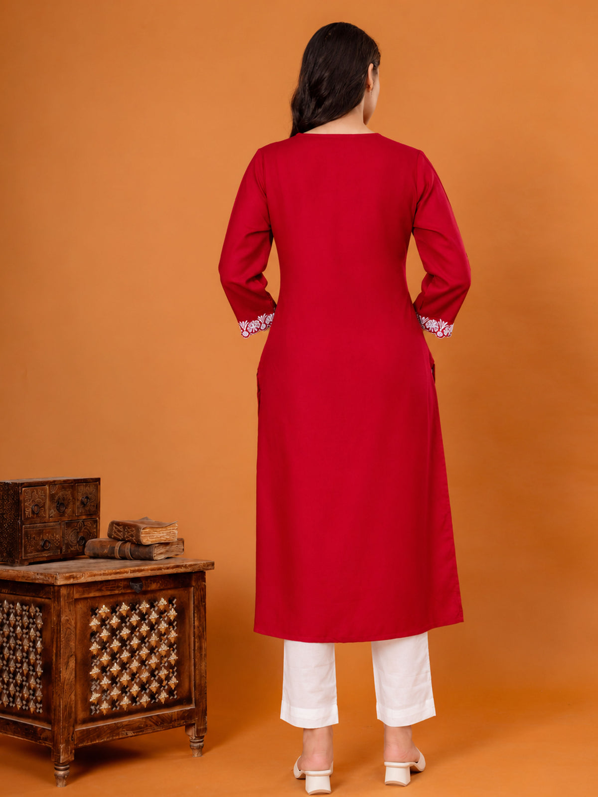 Embroidered Viscose Solid Straight Maroon Kurta