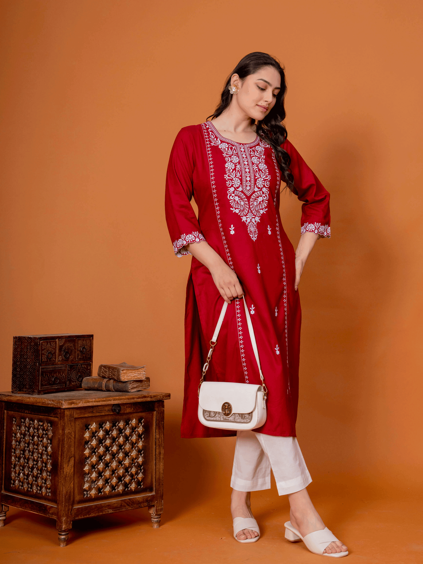 Embroidered Viscose Solid Straight Maroon Kurta