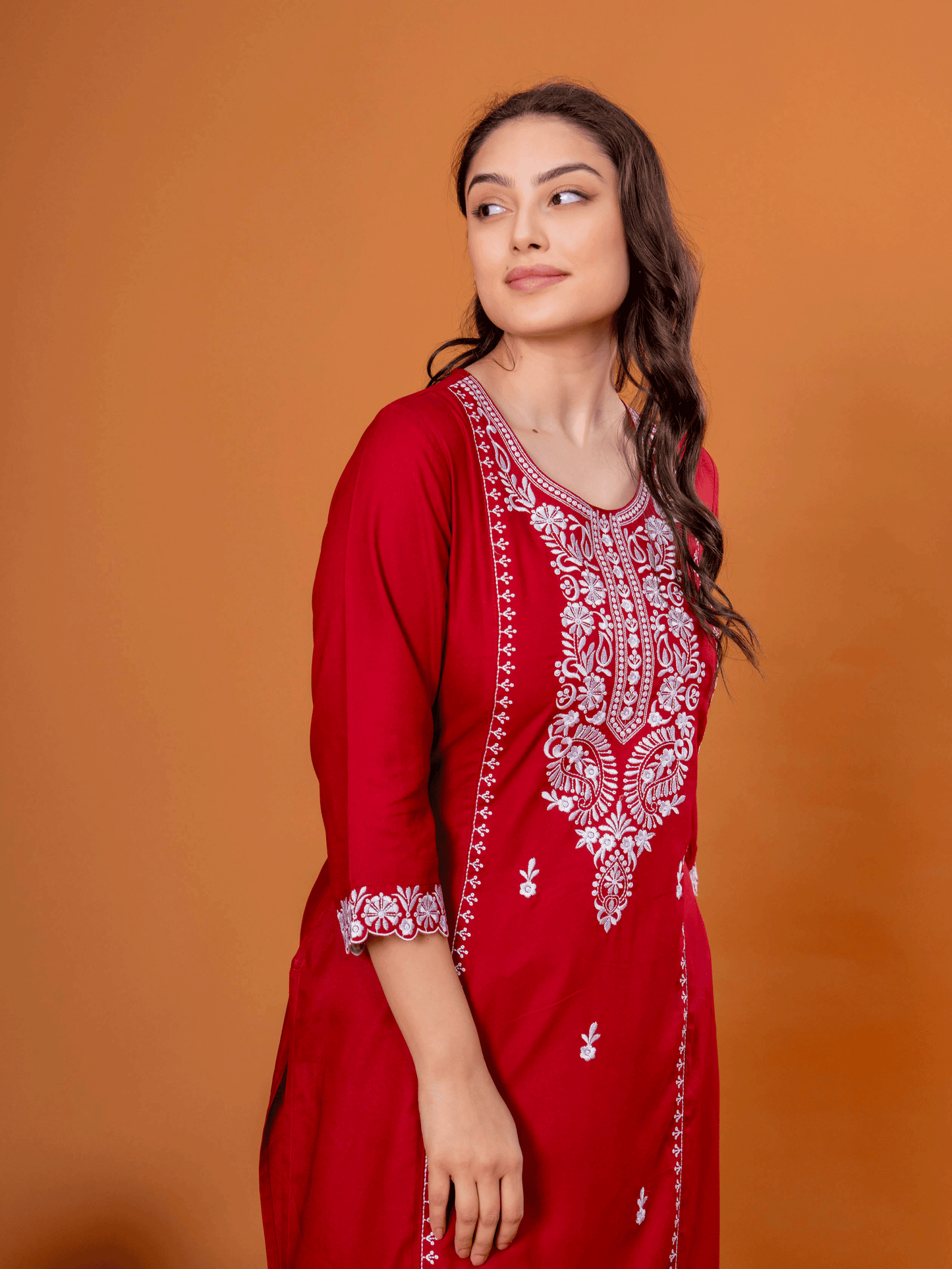Embroidered Viscose Solid Straight Maroon Kurta