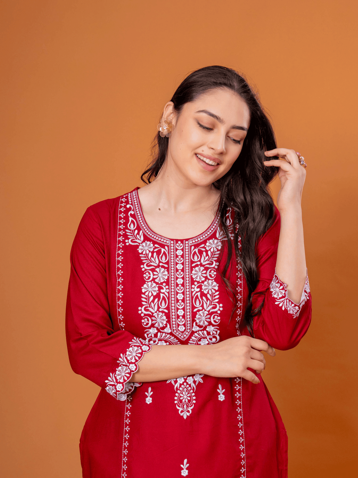 Embroidered Viscose Solid Straight Maroon Kurta