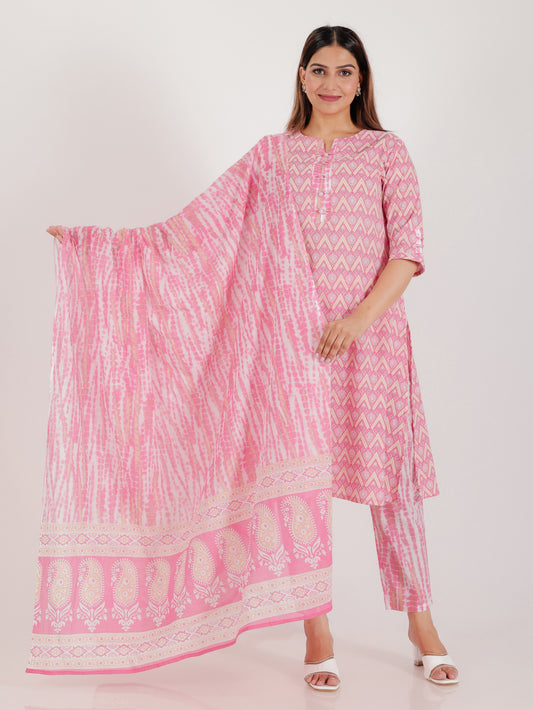Soft Cotton Geometric A-line Pink Kurta