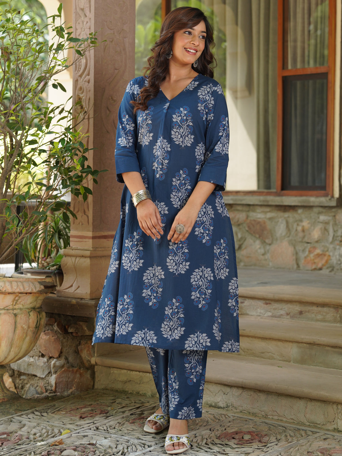 Soft cotton butta a-line indigo blue kurta