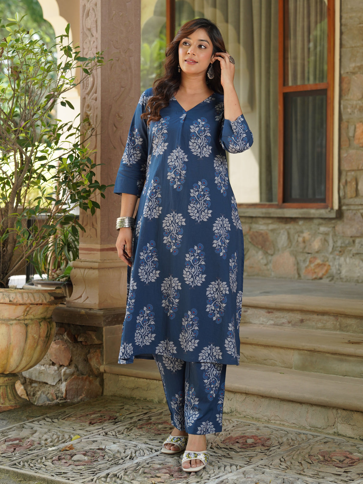 Soft cotton butta a-line indigo blue kurta