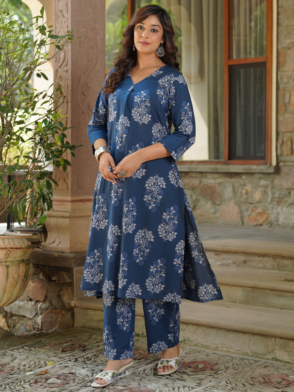 Soft cotton butta a-line indigo blue kurta