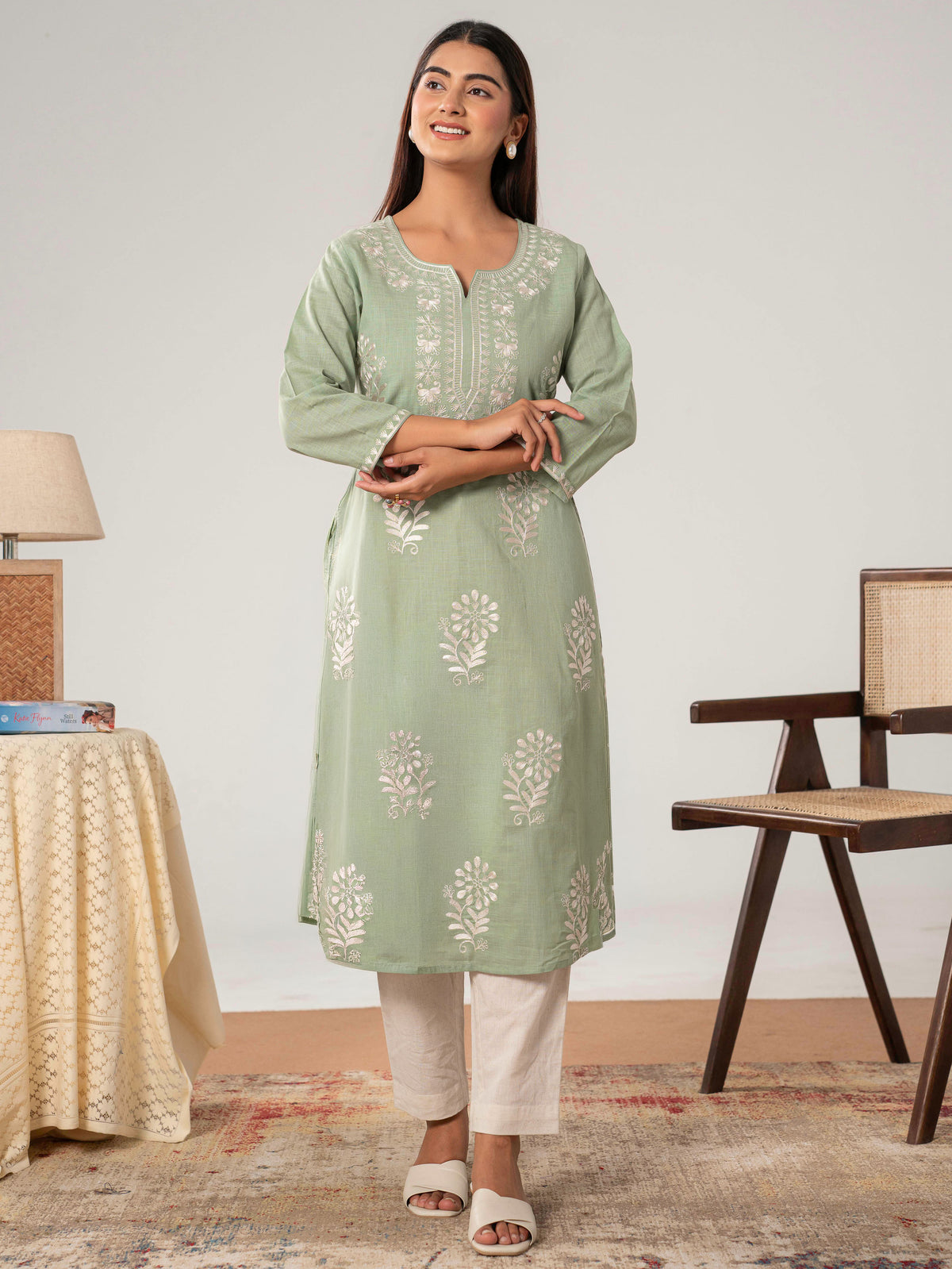 Embroidered Slub cotton Solid Straight Sea Green Kurta