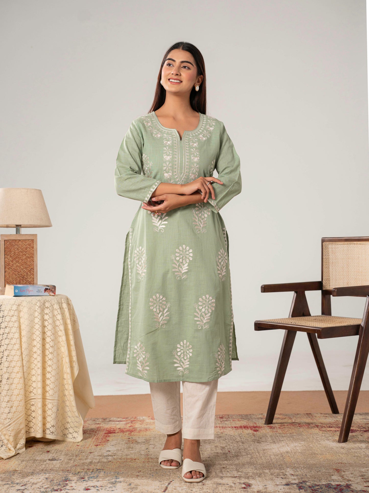 Embroidered Slub cotton Solid Straight Sea Green Kurta