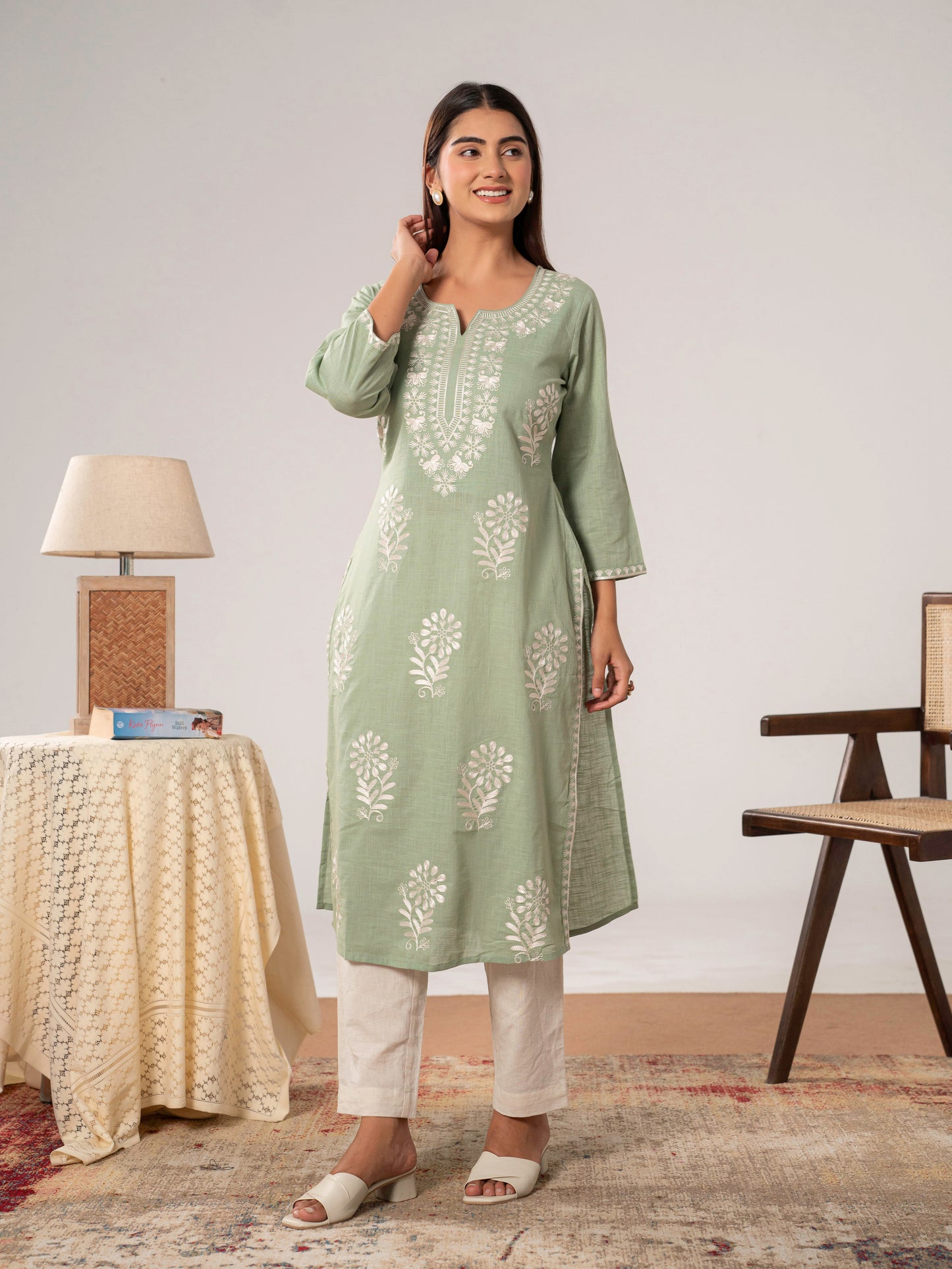 Embroidered Slub cotton Solid Straight Sea Green Kurta