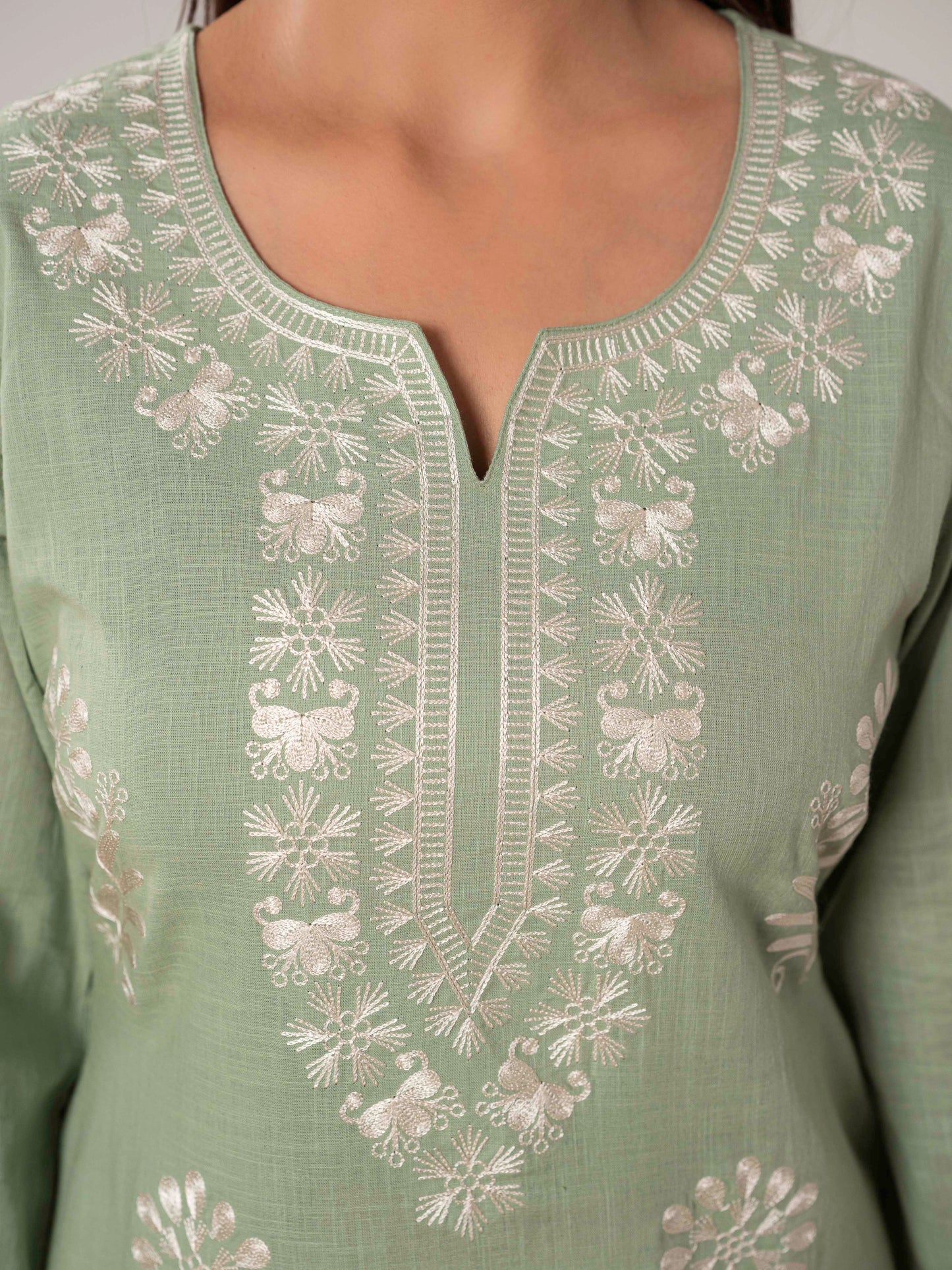 Embroidered Slub cotton Solid Straight Sea Green Kurta