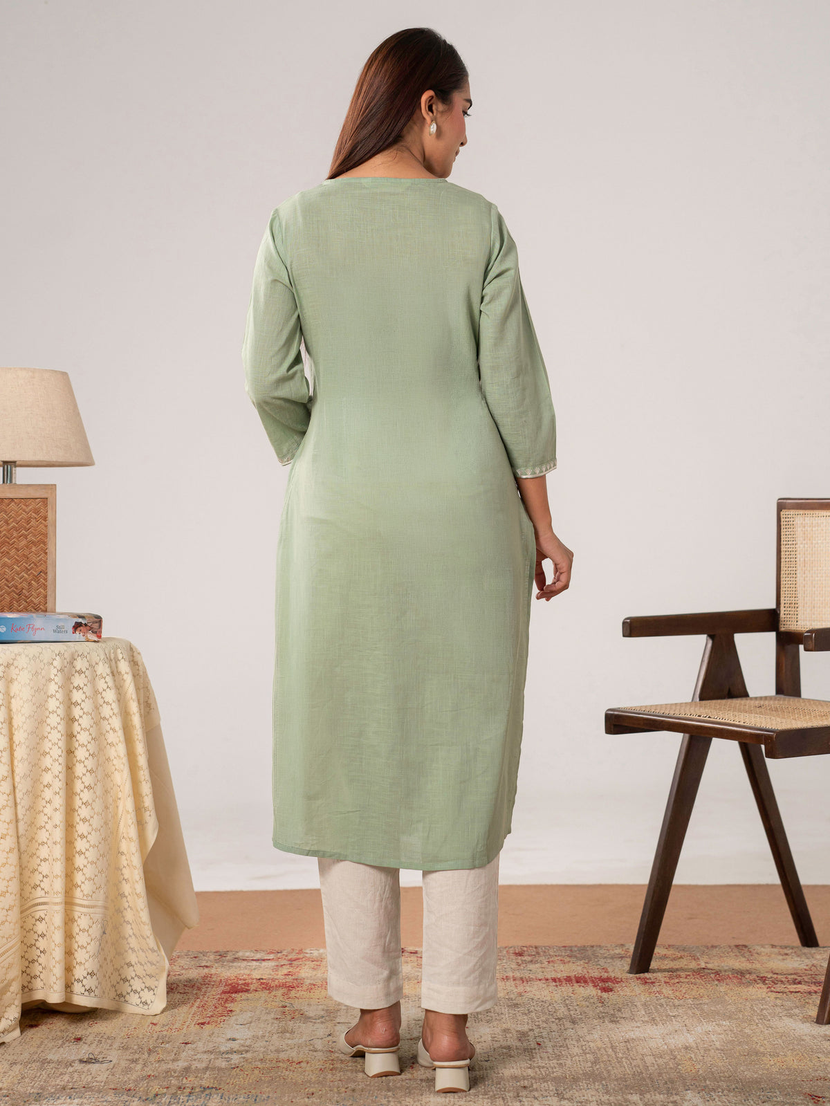 Embroidered Slub cotton Solid Straight Sea Green Kurta