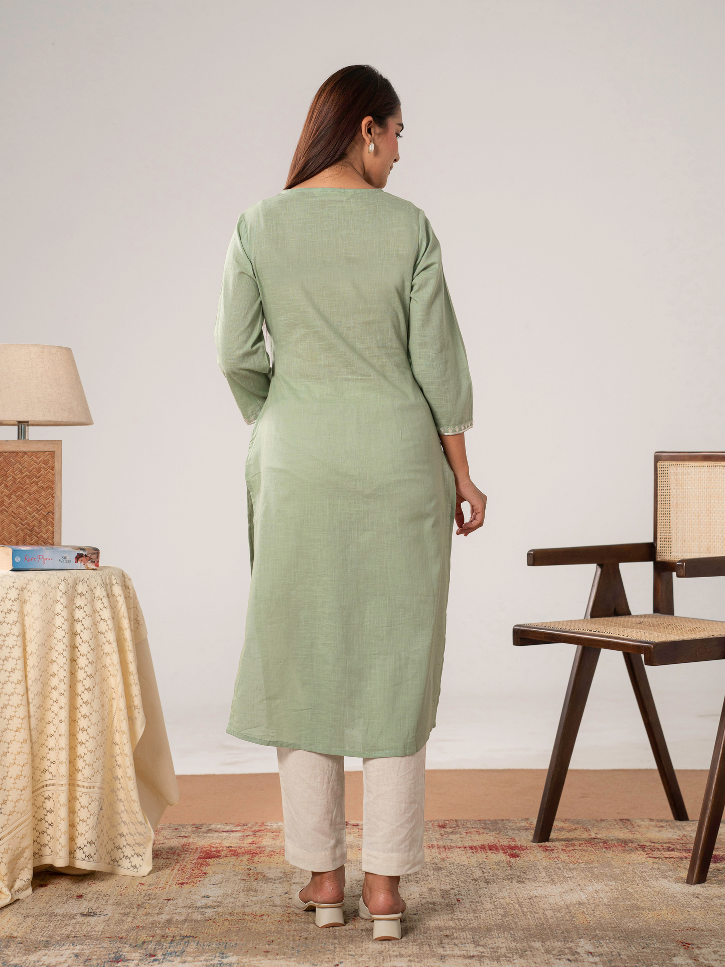 Embroidered Slub cotton Solid Straight Sea Green Kurta