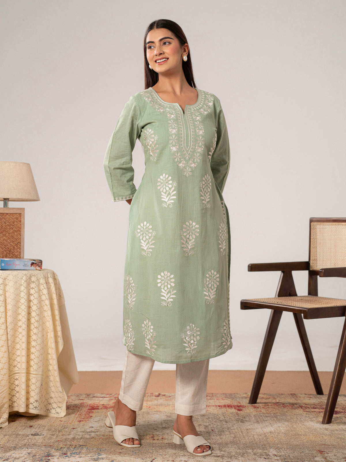 Embroidered Slub cotton Solid Straight Sea Green Kurta