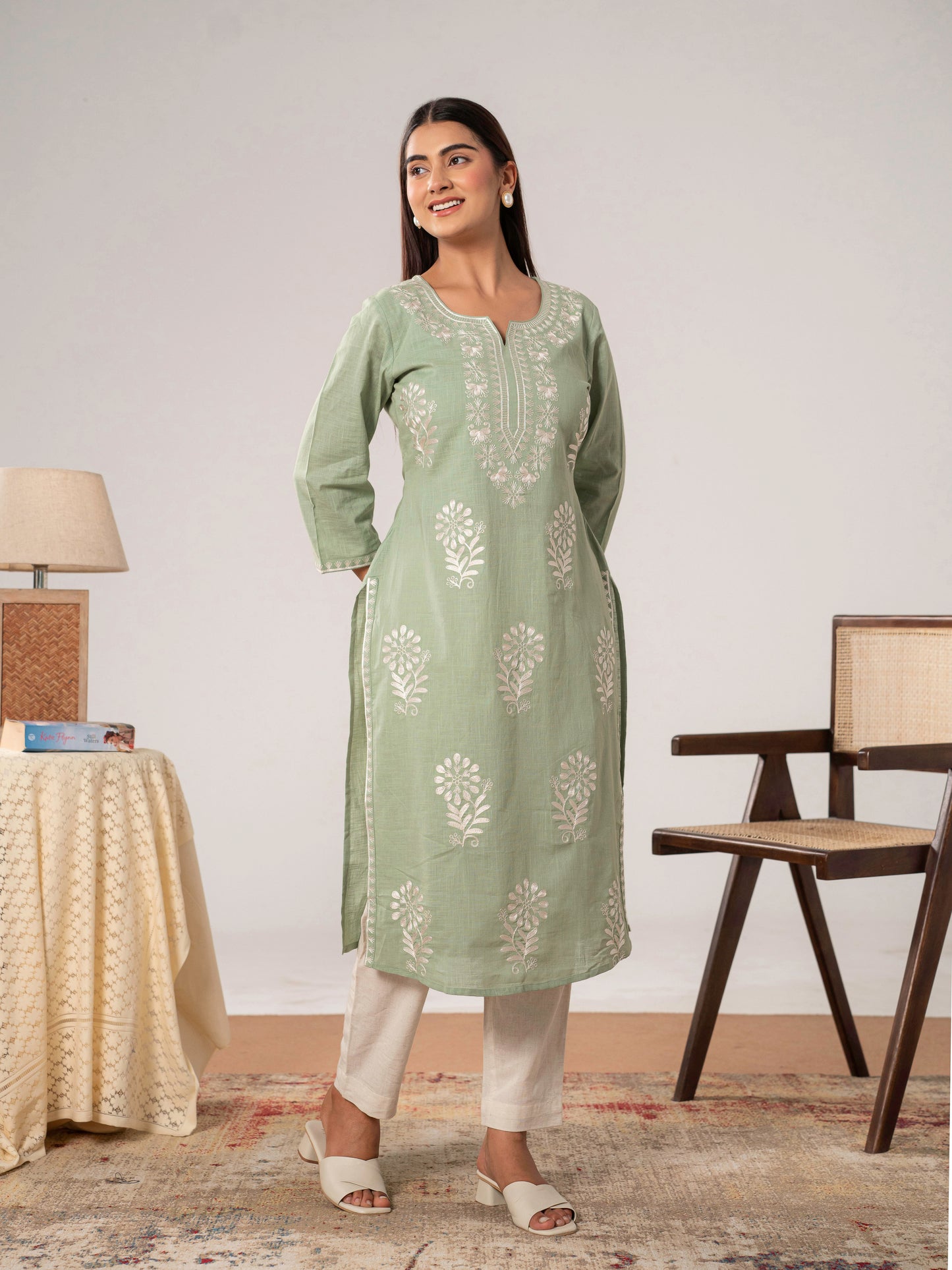 Embroidered Slub cotton Solid Straight Sea Green Kurta