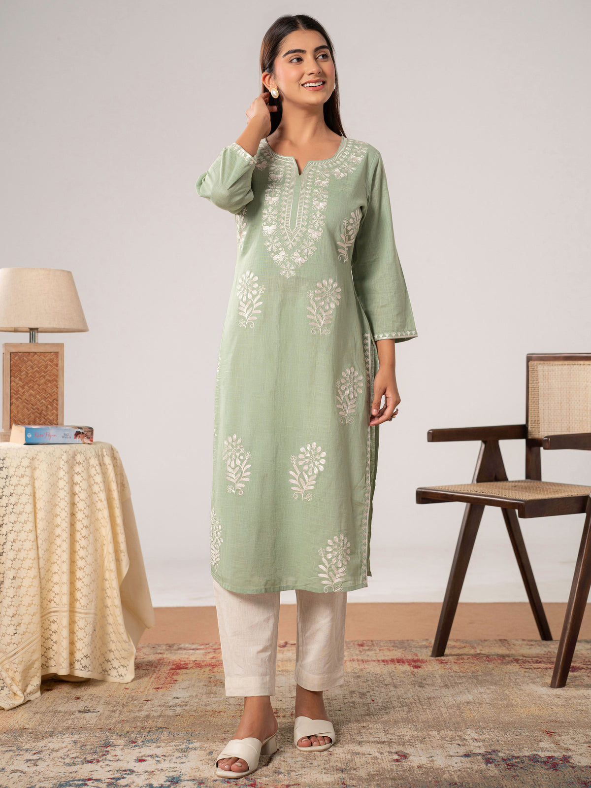 Embroidered Slub cotton Solid Straight Sea Green Kurta