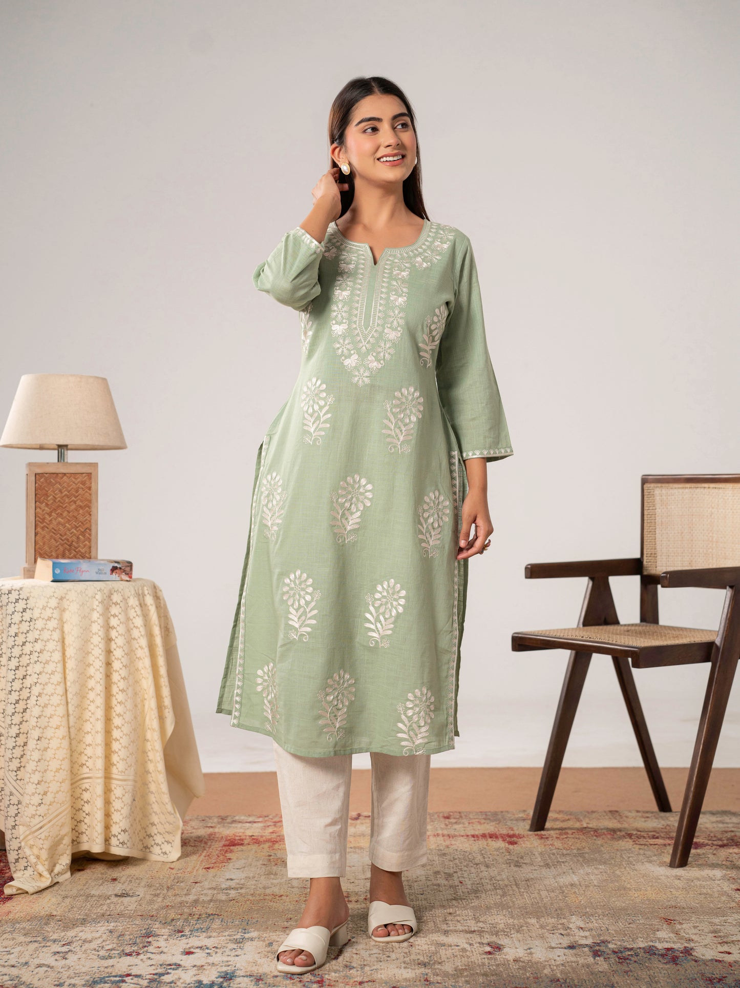 Embroidered Slub cotton Solid Straight Sea Green Kurta