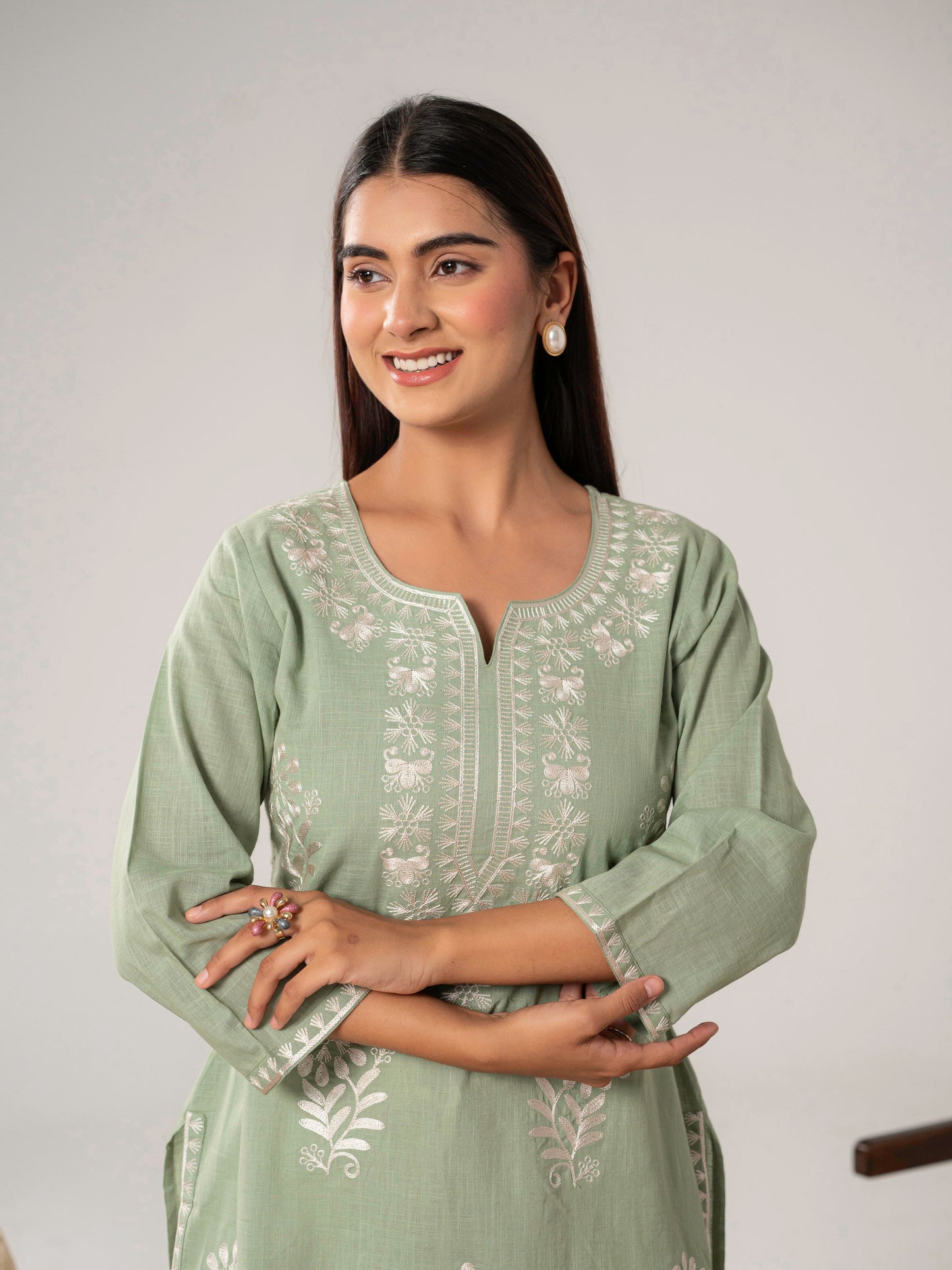 Embroidered Slub cotton Solid Straight Sea Green Kurta