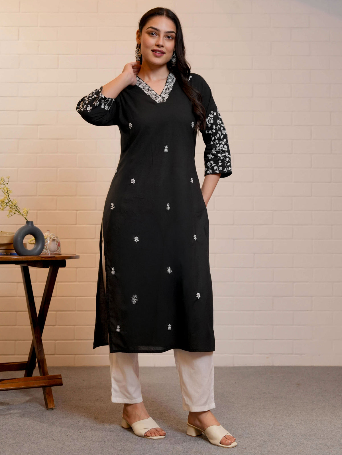 Embroidered Soft Cotton Solid Straight Black Kurta