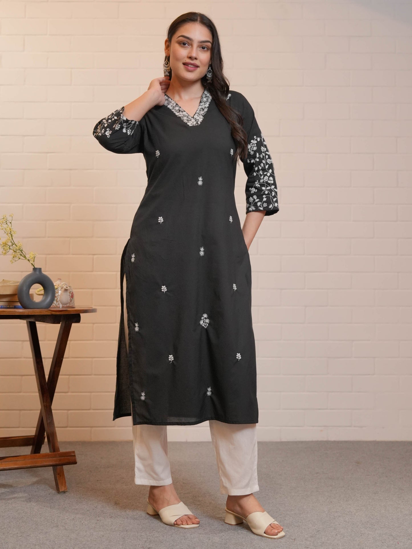 Embroidered Soft Cotton Solid Straight Black Kurta