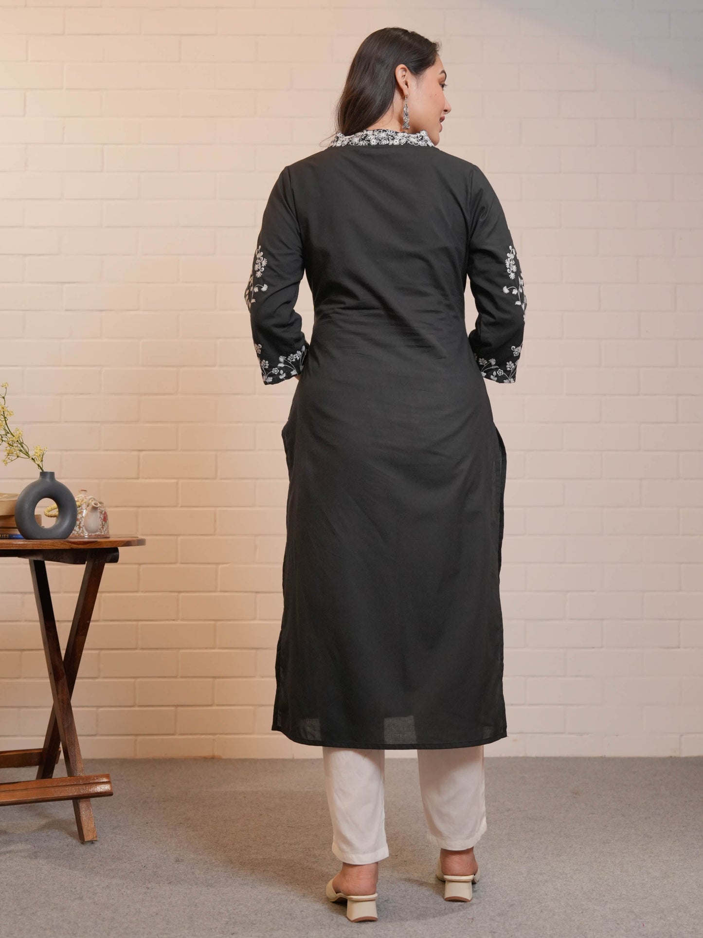 Embroidered Soft Cotton Solid Straight Black Kurta