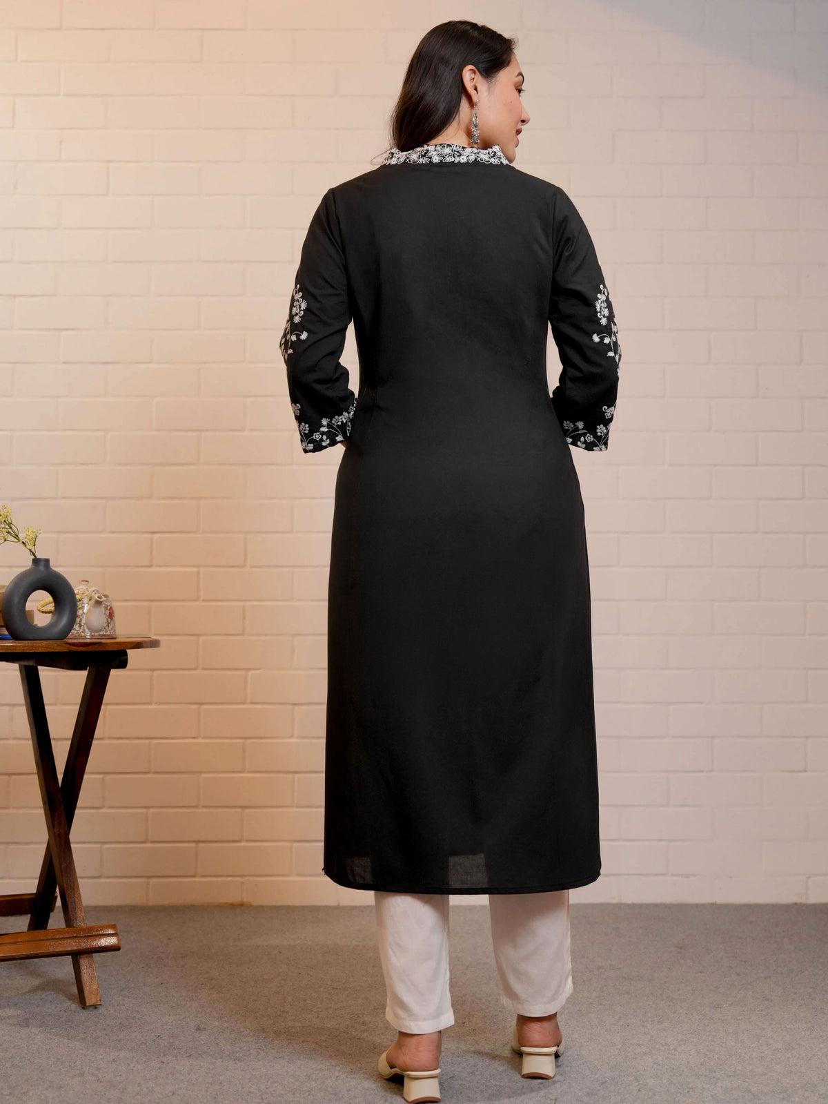 Embroidered Soft Cotton Solid Straight Black Kurta