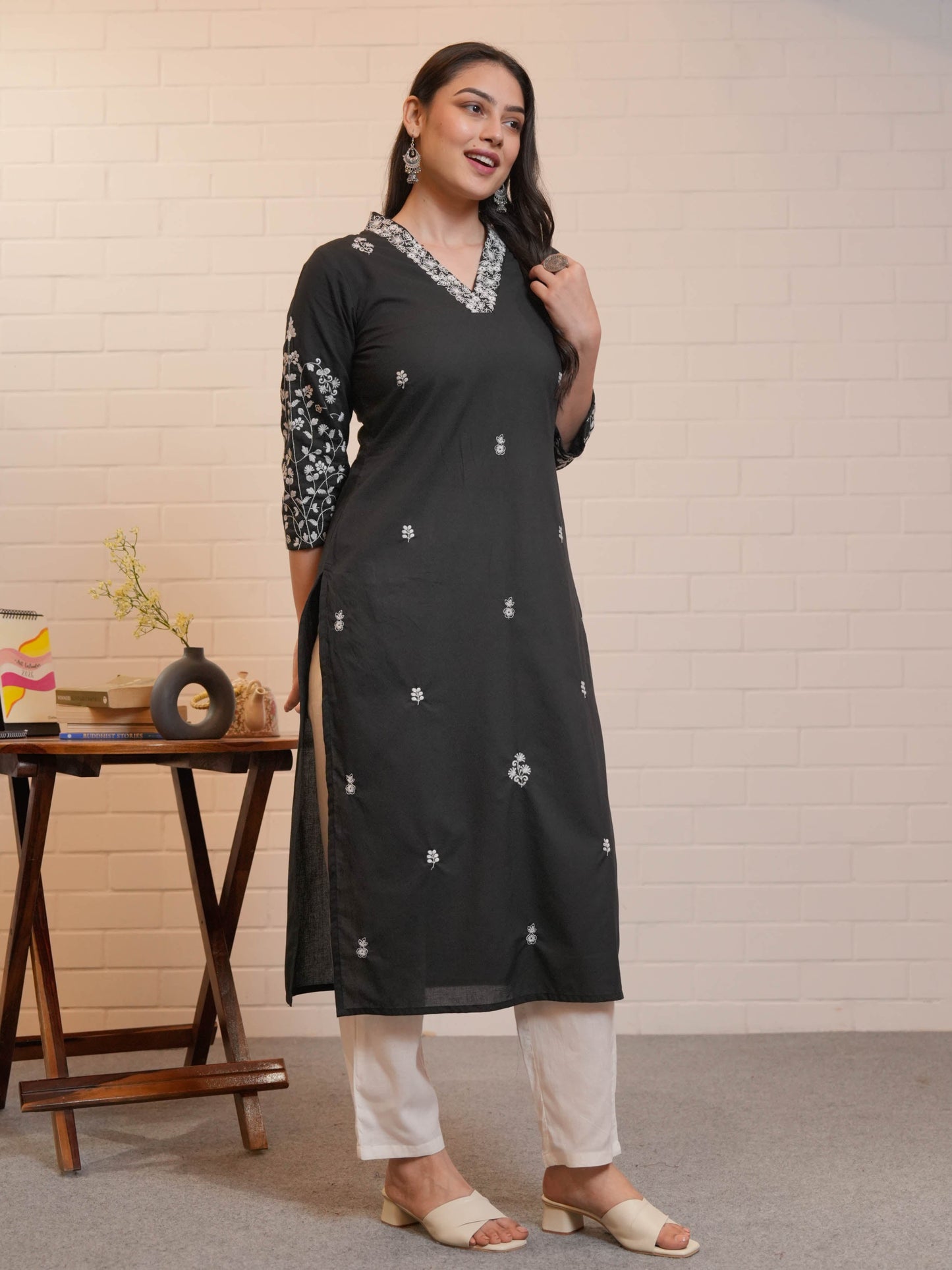 Embroidered Soft Cotton Solid Straight Black Kurta