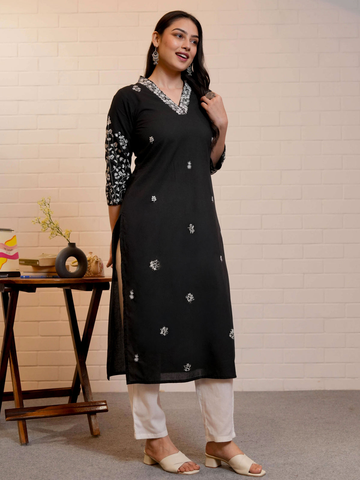 Embroidered Soft Cotton Solid Straight Black Kurta