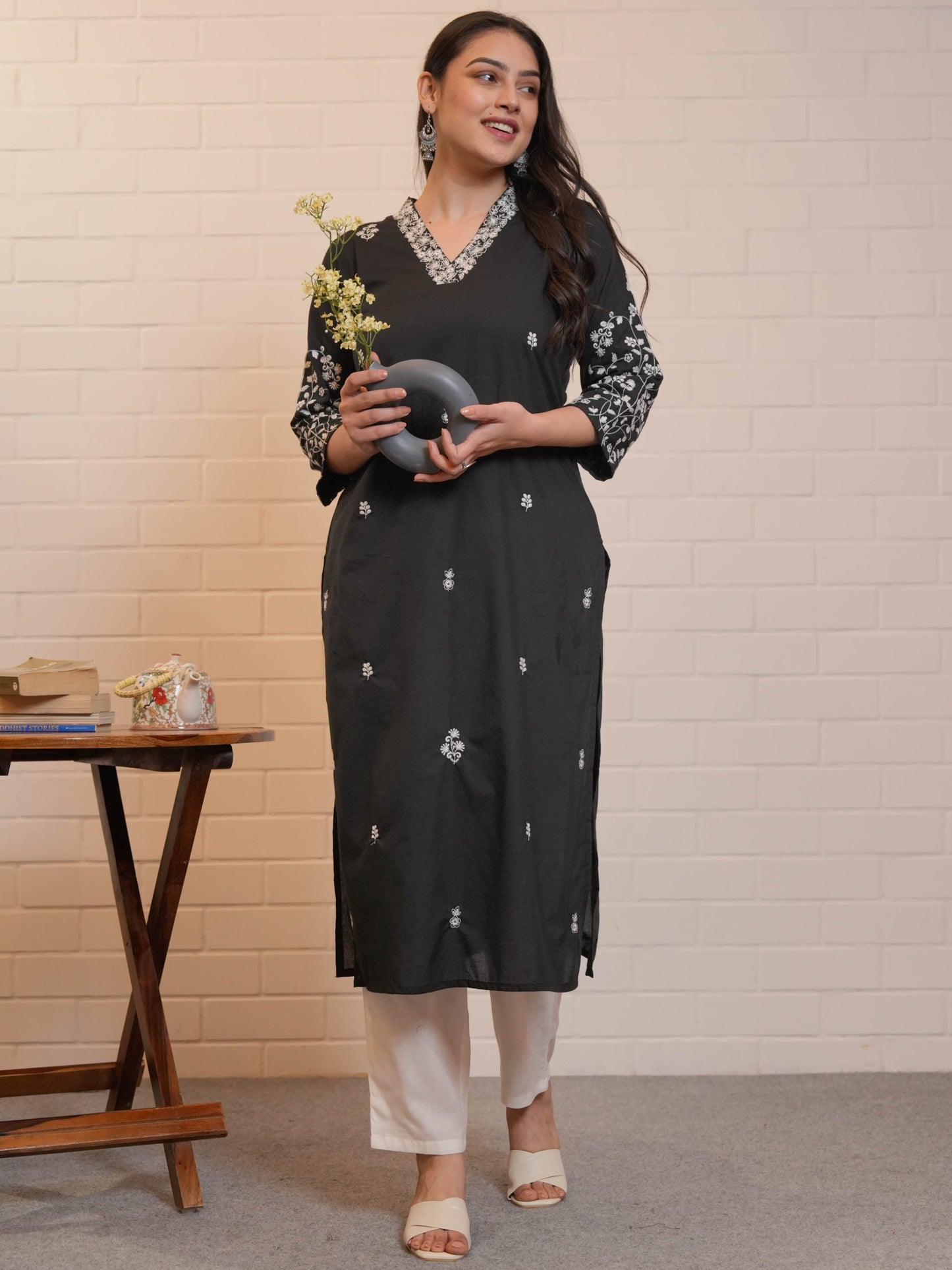 Embroidered Soft Cotton Solid Straight Black Kurta