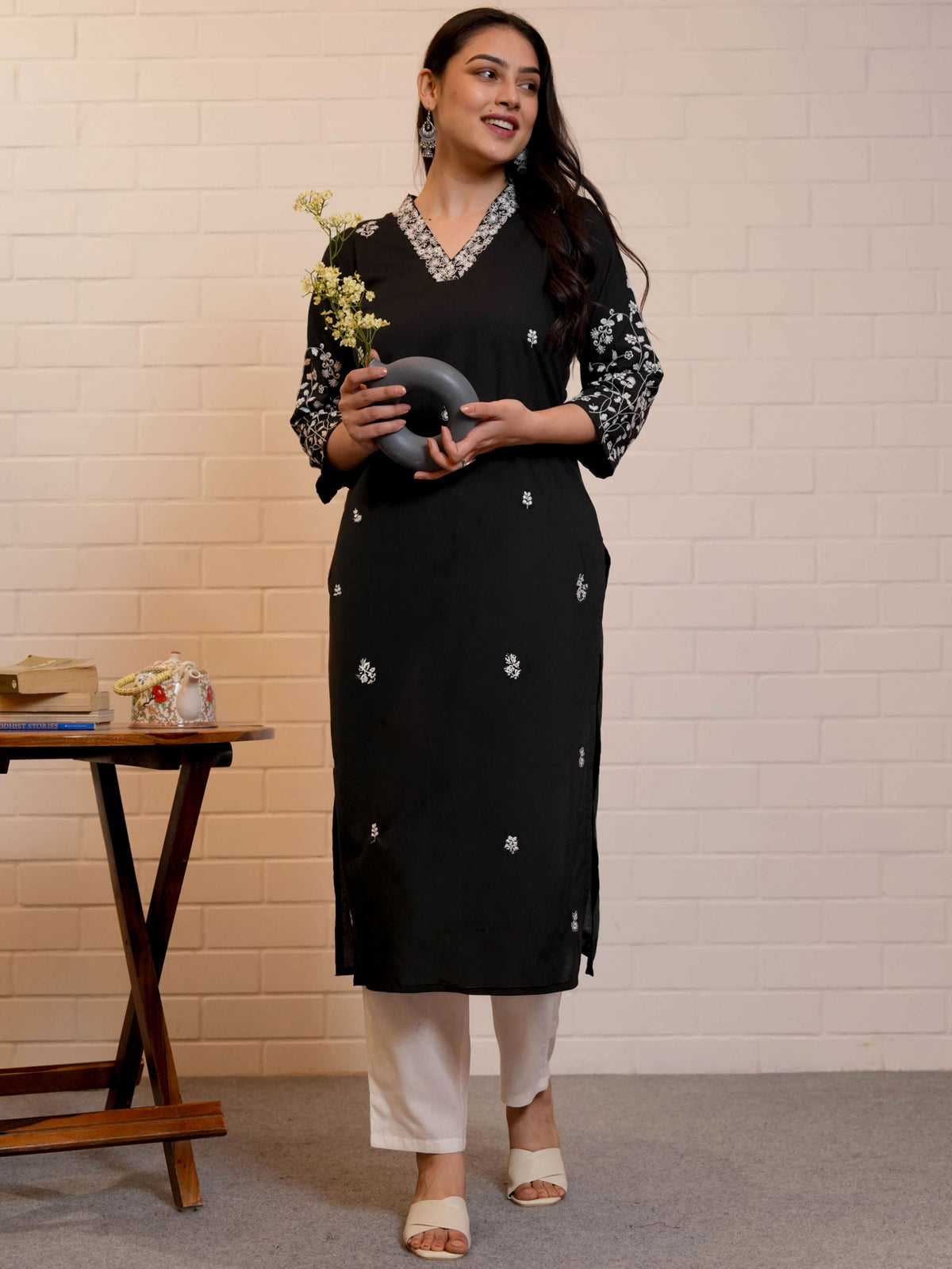 Embroidered Soft Cotton Solid Straight Black Kurta