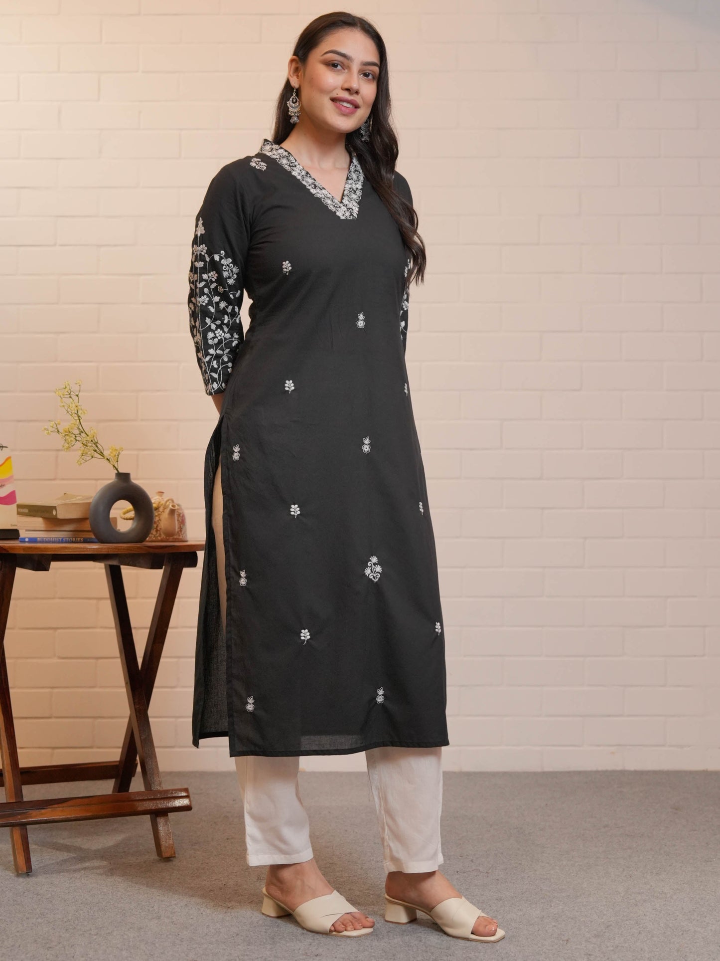 Embroidered Soft Cotton Solid Straight Black Kurta