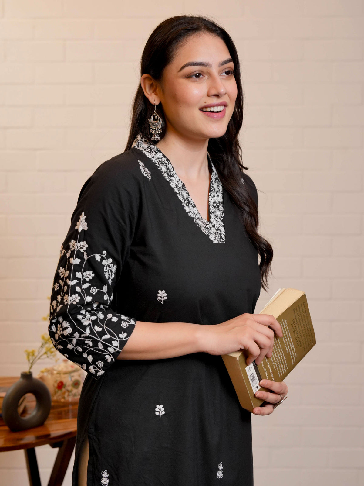 Embroidered Soft Cotton Solid Straight Black Kurta