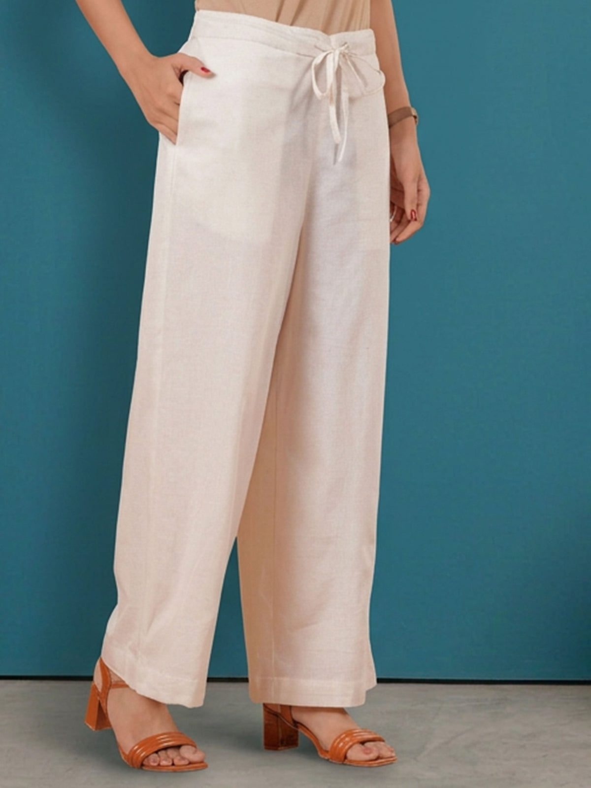 Linen Cotton Solid Off White Palazzo
