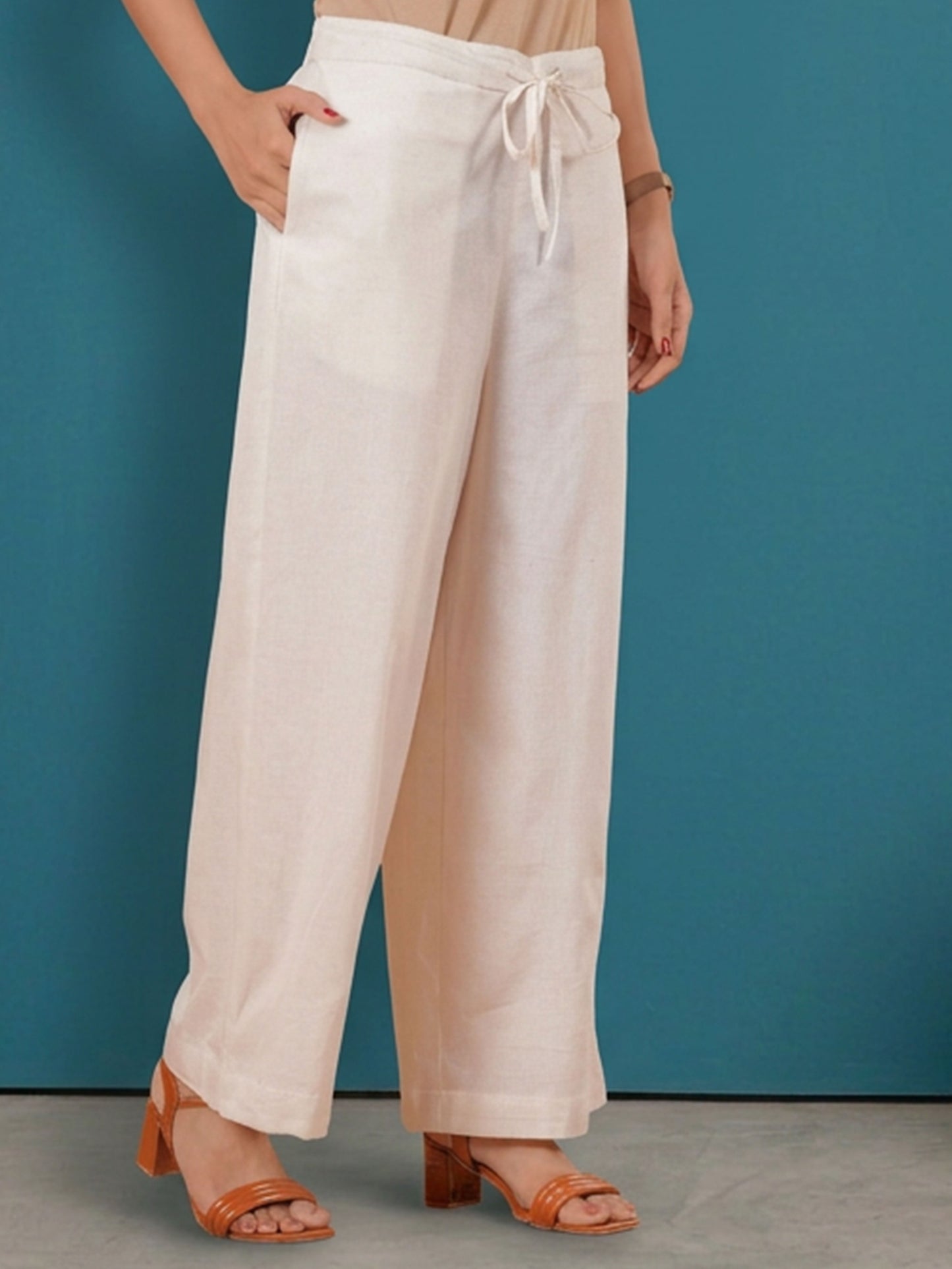 Linen Cotton Solid Off White Palazzo
