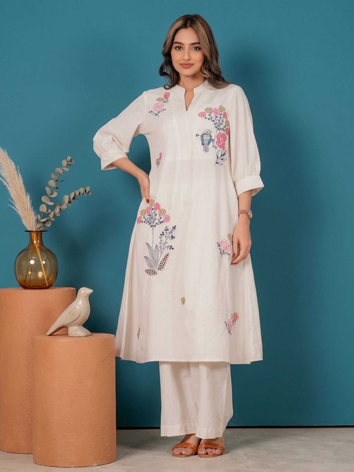 Embroidered Linen Cotton Solid A-line Off White Kurta