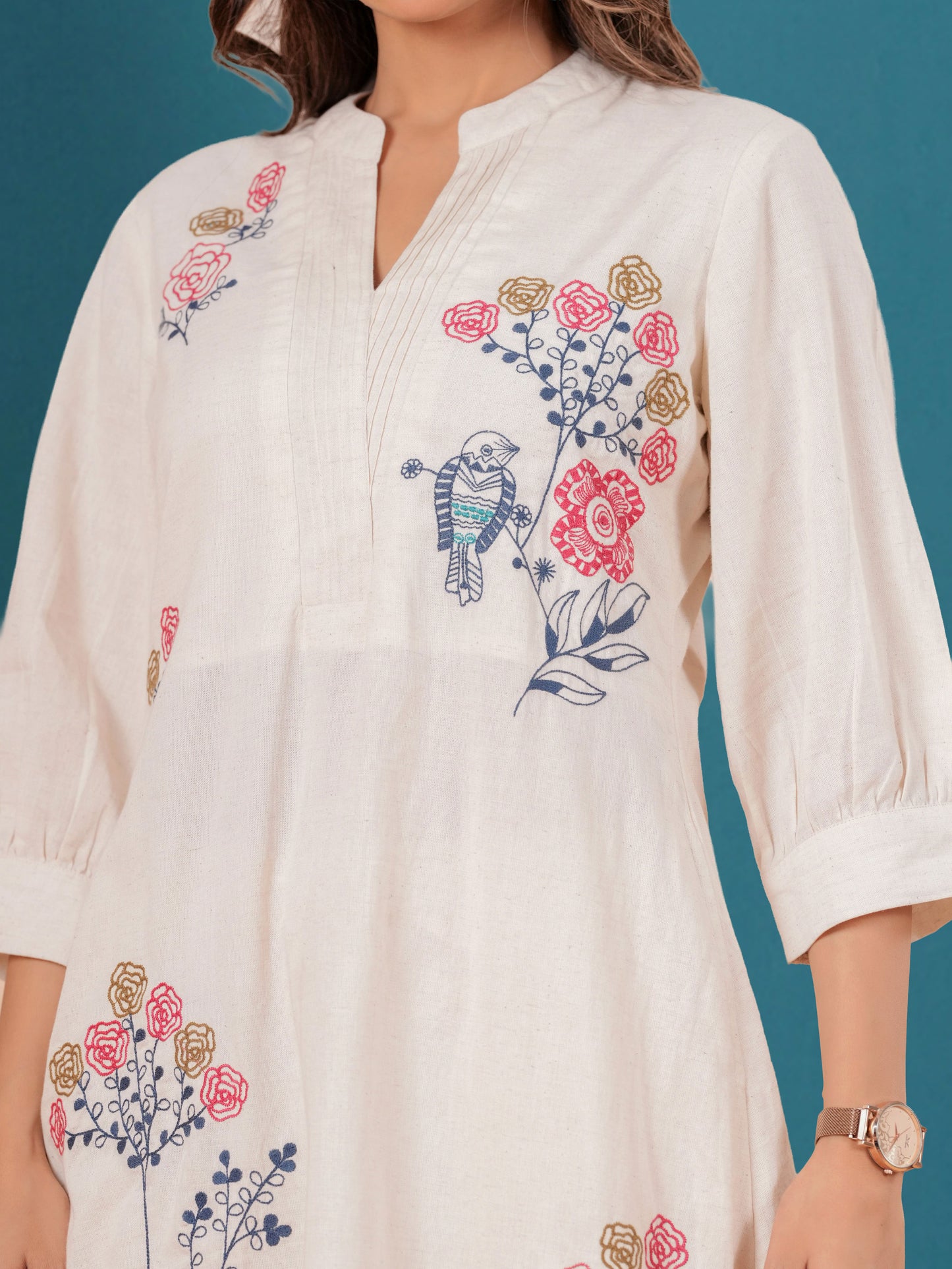 Embroidered Linen Cotton Solid A-line Off White Kurta