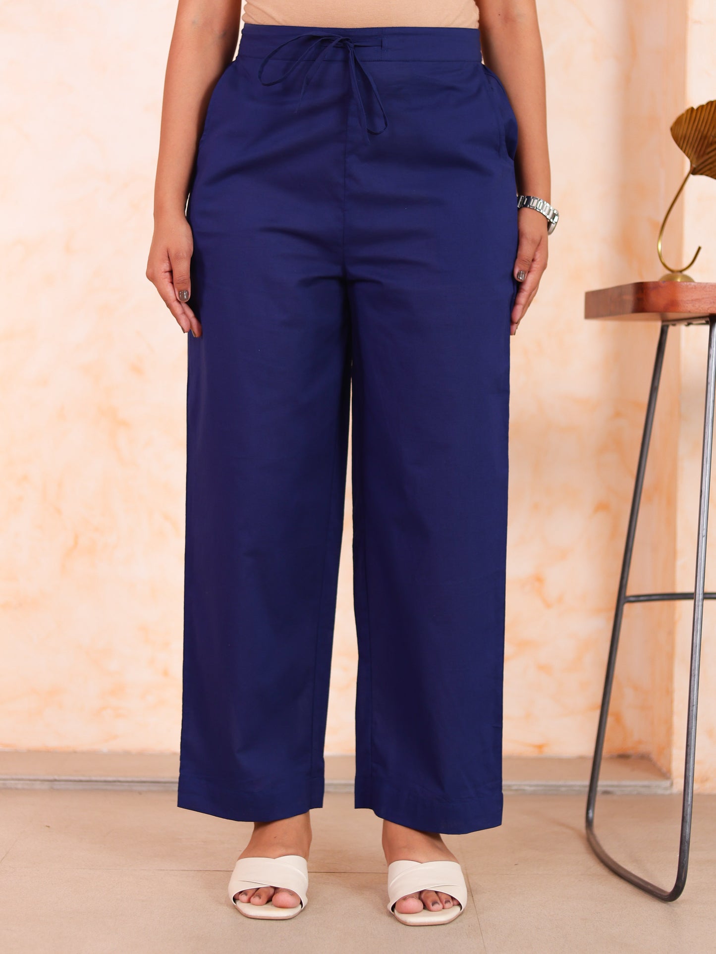 Soft Cotton Solid Blue Straight Trousers