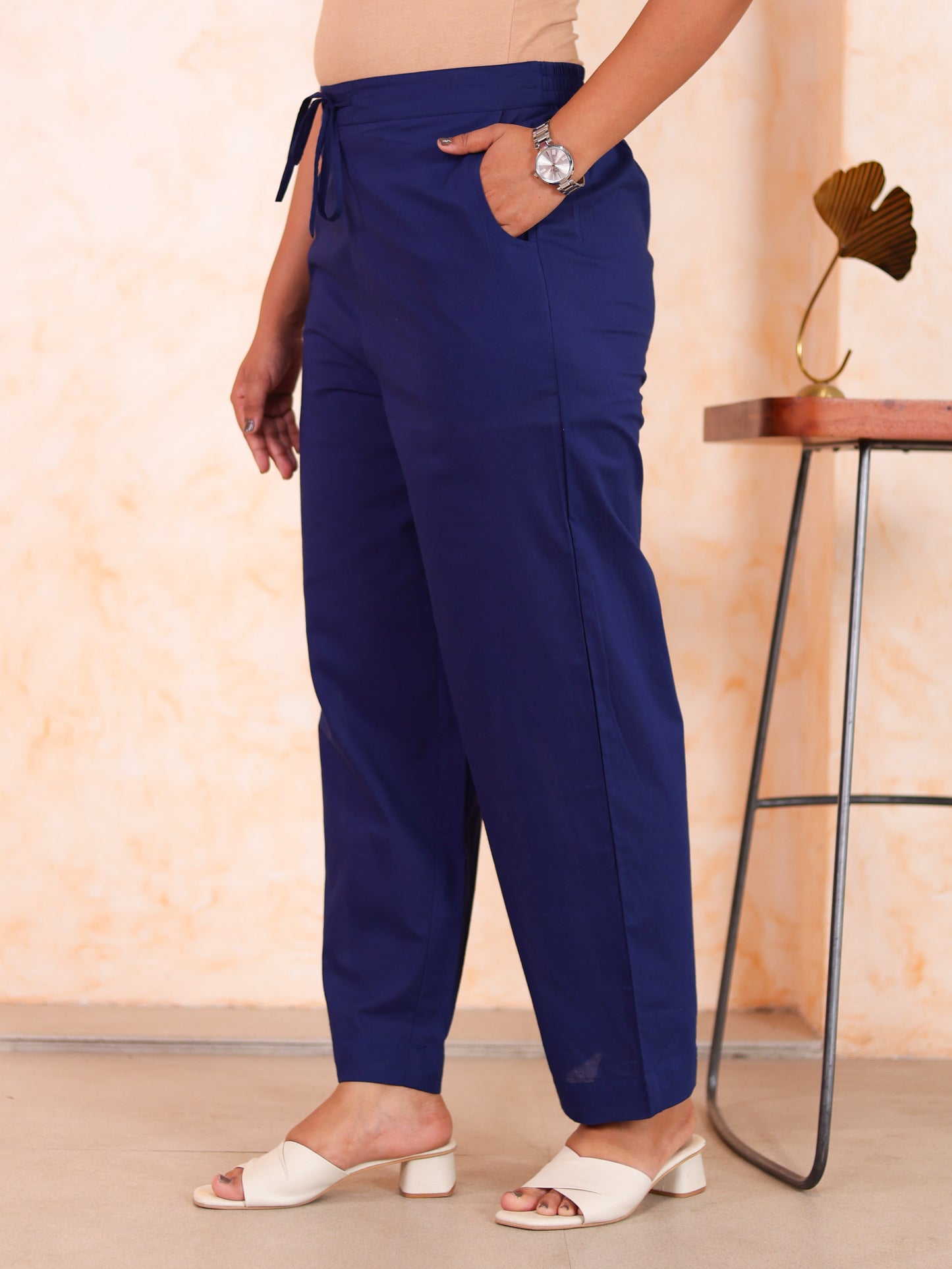 Soft Cotton Solid Blue Straight Trousers