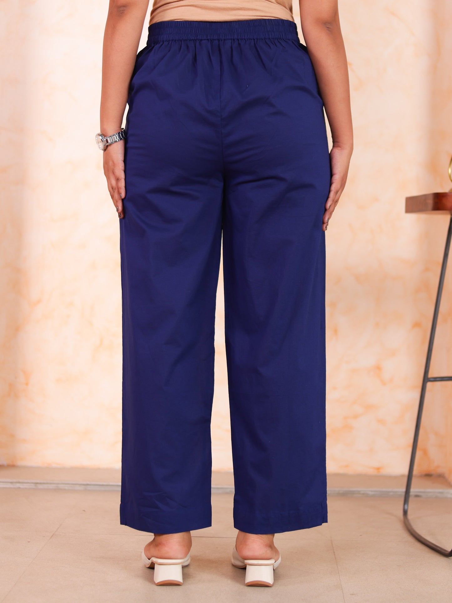 Soft Cotton Solid Blue Straight Trousers