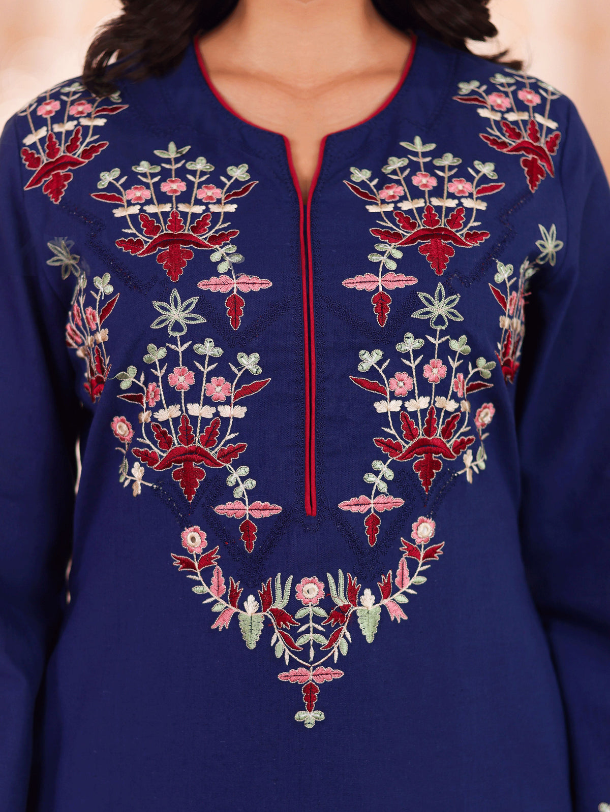 Embroidered Linen cotton Solid Straight Blue Kurta
