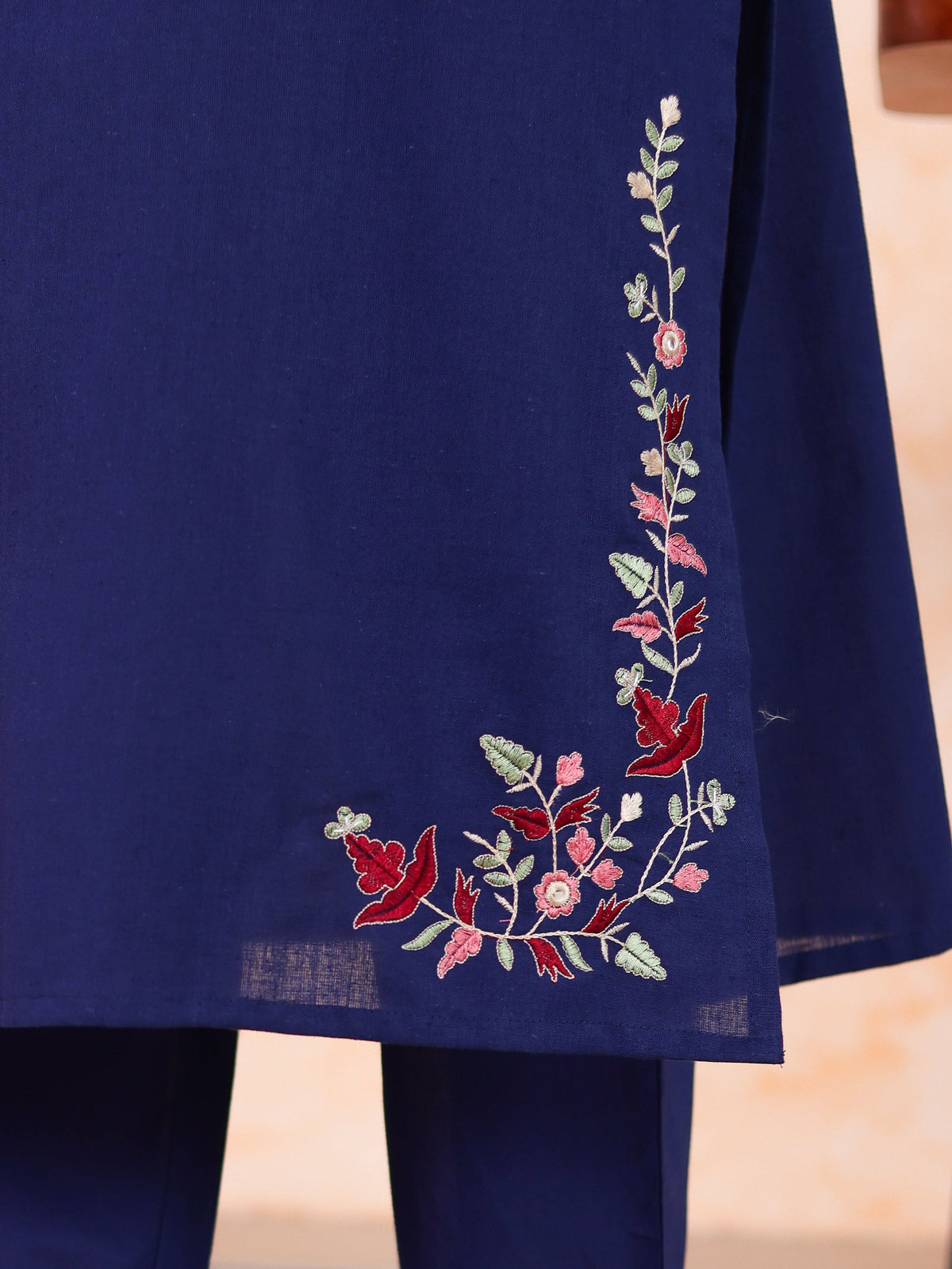 Embroidered Linen cotton Solid Straight Blue Kurta
