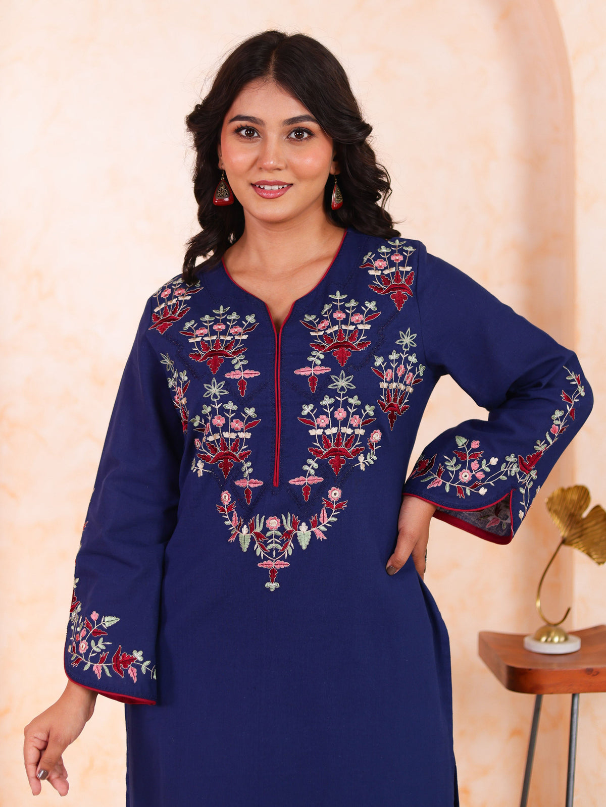 Embroidered Linen cotton Solid Straight Blue Kurta